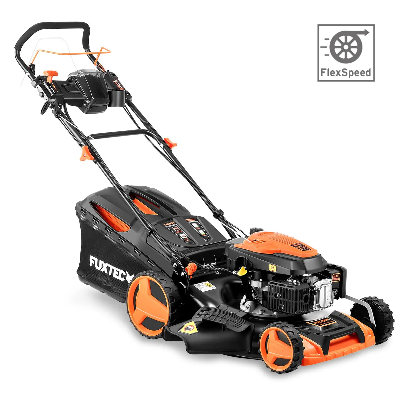 2025 Cortacésped de gasolina 4 en 1 FUXTEC FX-RM5196eS con motor ZIPGO, cortacésped de jardín con función de descarga lateral, ancho de corte 51 cm, motor de 4 tiempos con tracción trasera, ruedas grandes con rodamientos, bolsa de césped 60 L