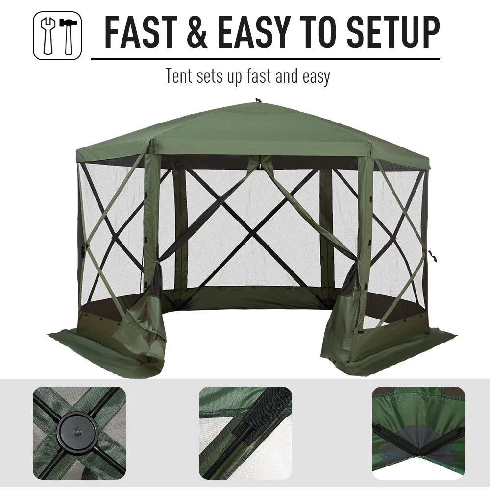 Carpa hexagonal Outsunny 3,6 m x 3,6 m con mosquitera – Pabellón plegable portátil con paredes de malla, bolsa de transporte y espacio sombreado, color verde