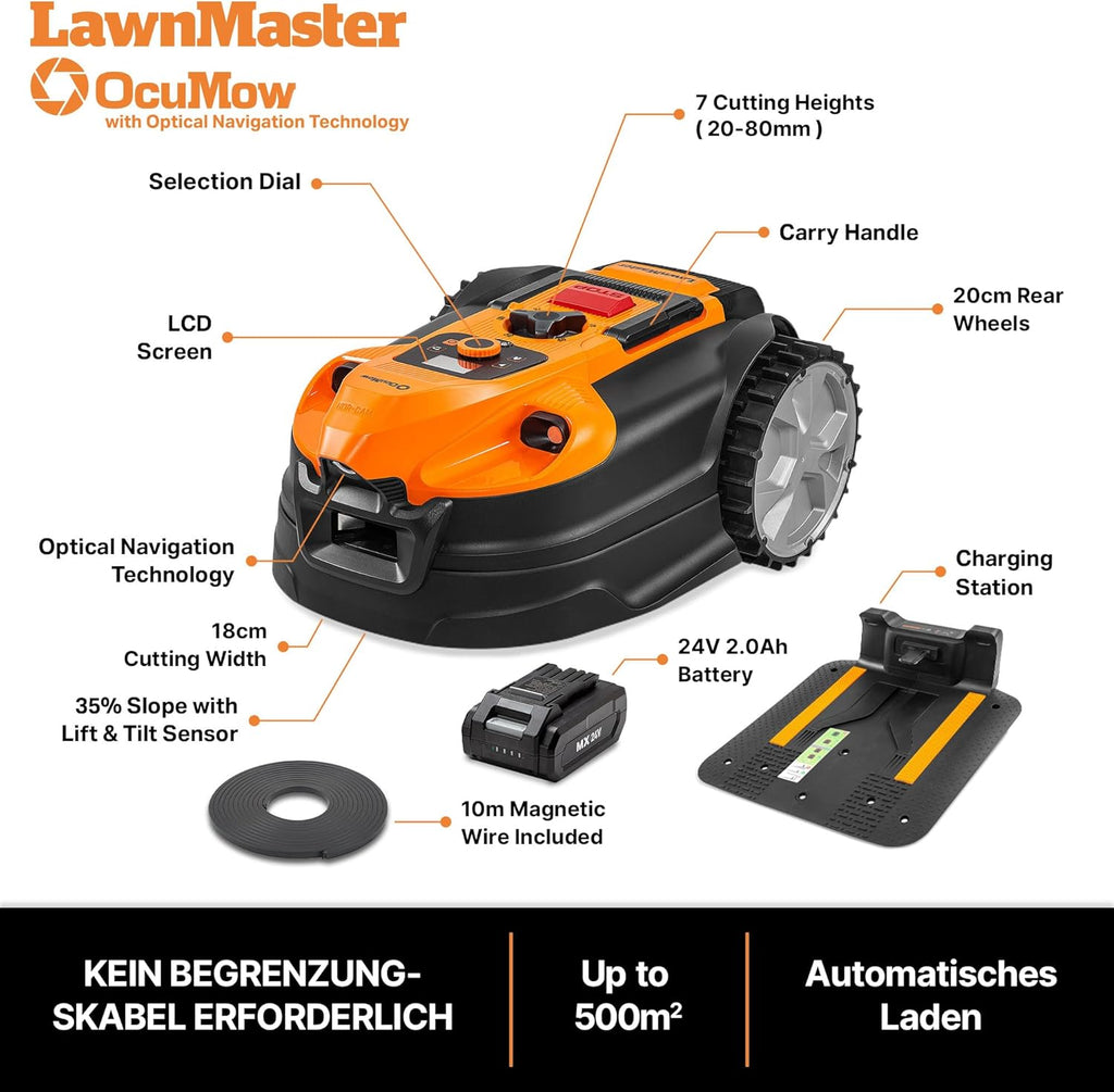 LawnMaster VBRM16 OcuMow™ Robots Electric Lawn Mowers for Gardens of 100 m2 Cut 20-60 mm, Slope 35% with Lithium Ion Battery MX 24V 4.0Ah and Fast Charger