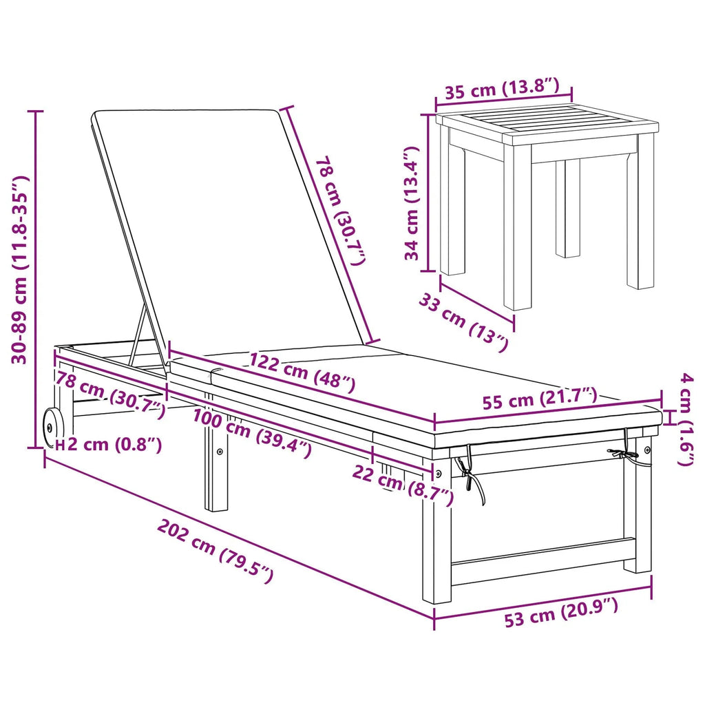 2025 Tumbonas 2 pcs con Mesa y Cojines de Madera Maciza de Acacia, Tumbona con Cojines Crema de Madera Maciza de Acacia, Mesa Lateral de Jardín 35x35x34 cm de Madera Maciza de Acacia V8526