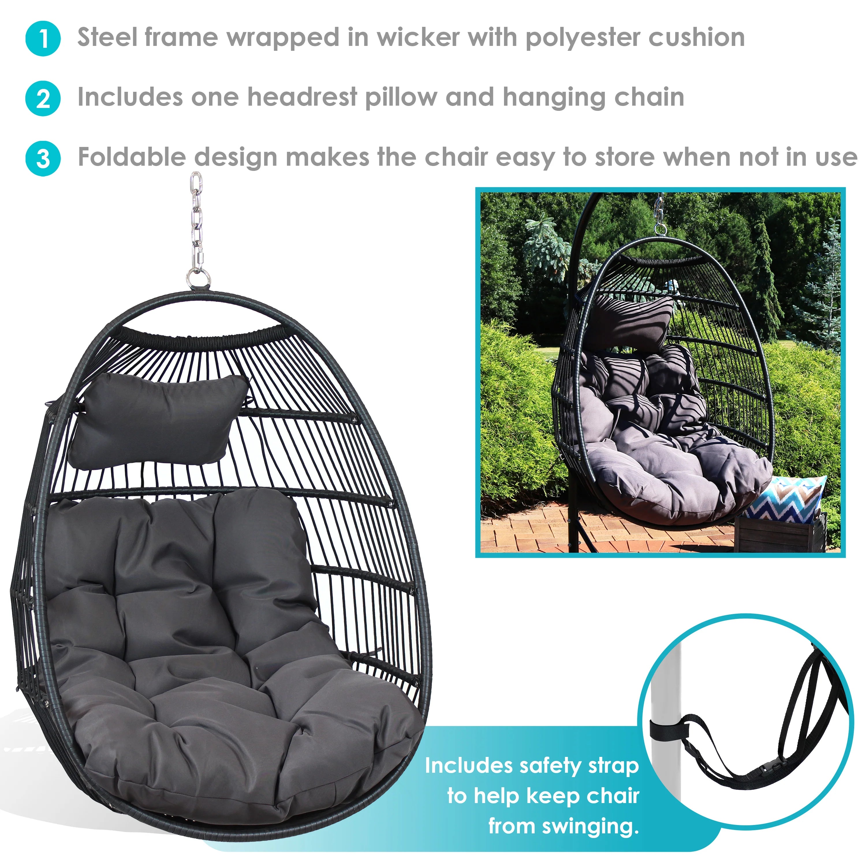 2025 Silla Colgante de Exterior Sunnydaze Julia en Forma de Huevo con Cojines