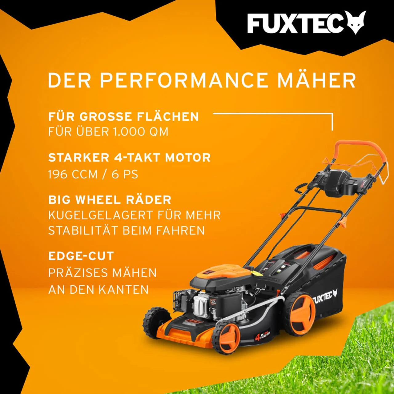 2025 Cortacésped de gasolina 4 en 1 FUXTEC FX-RM5196eS con motor ZIPGO, cortacésped de jardín con función de descarga lateral, ancho de corte 51 cm, motor de 4 tiempos con tracción trasera, ruedas grandes con rodamientos, bolsa de césped 60 L