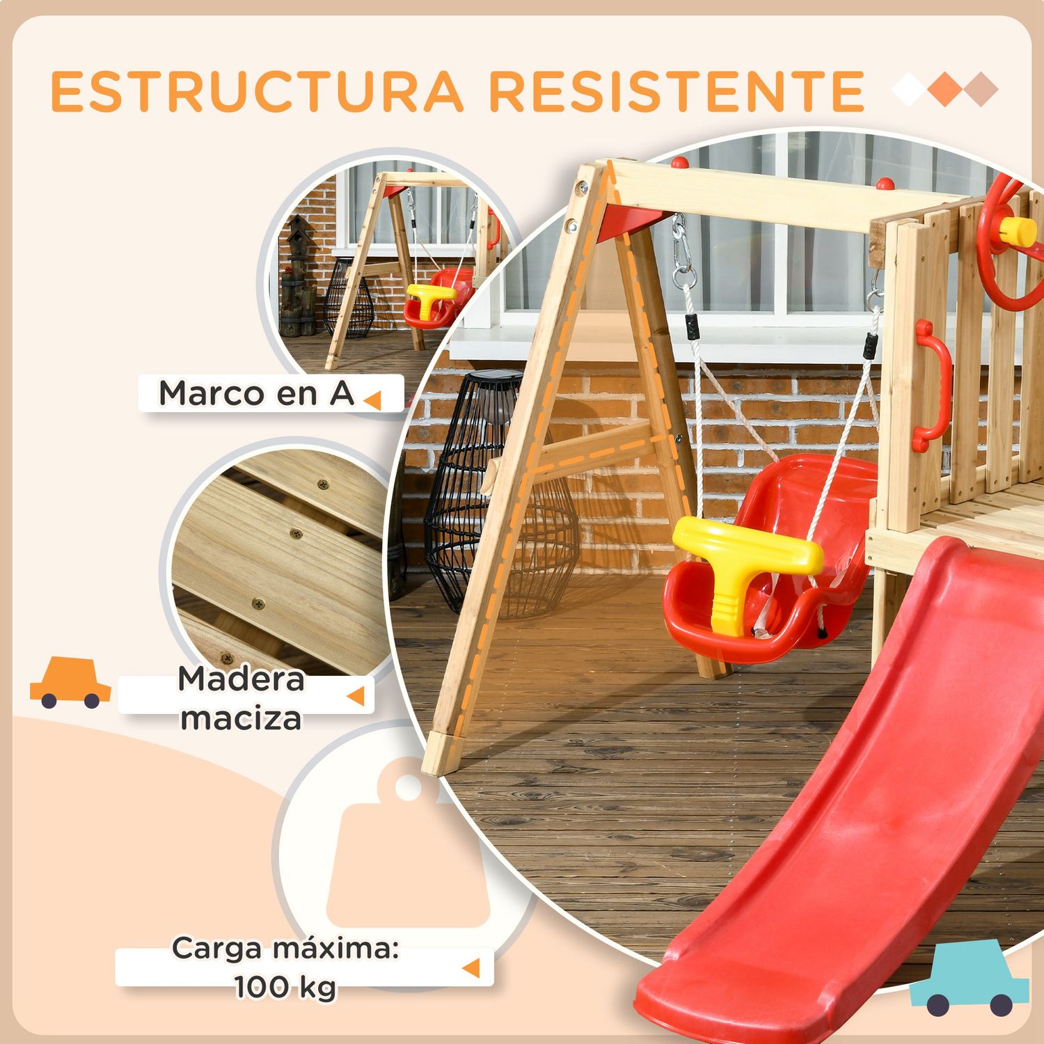 Tobogán Y Columpio Para Niños De Madera 170x200x118 Cm-outsunny.rojo