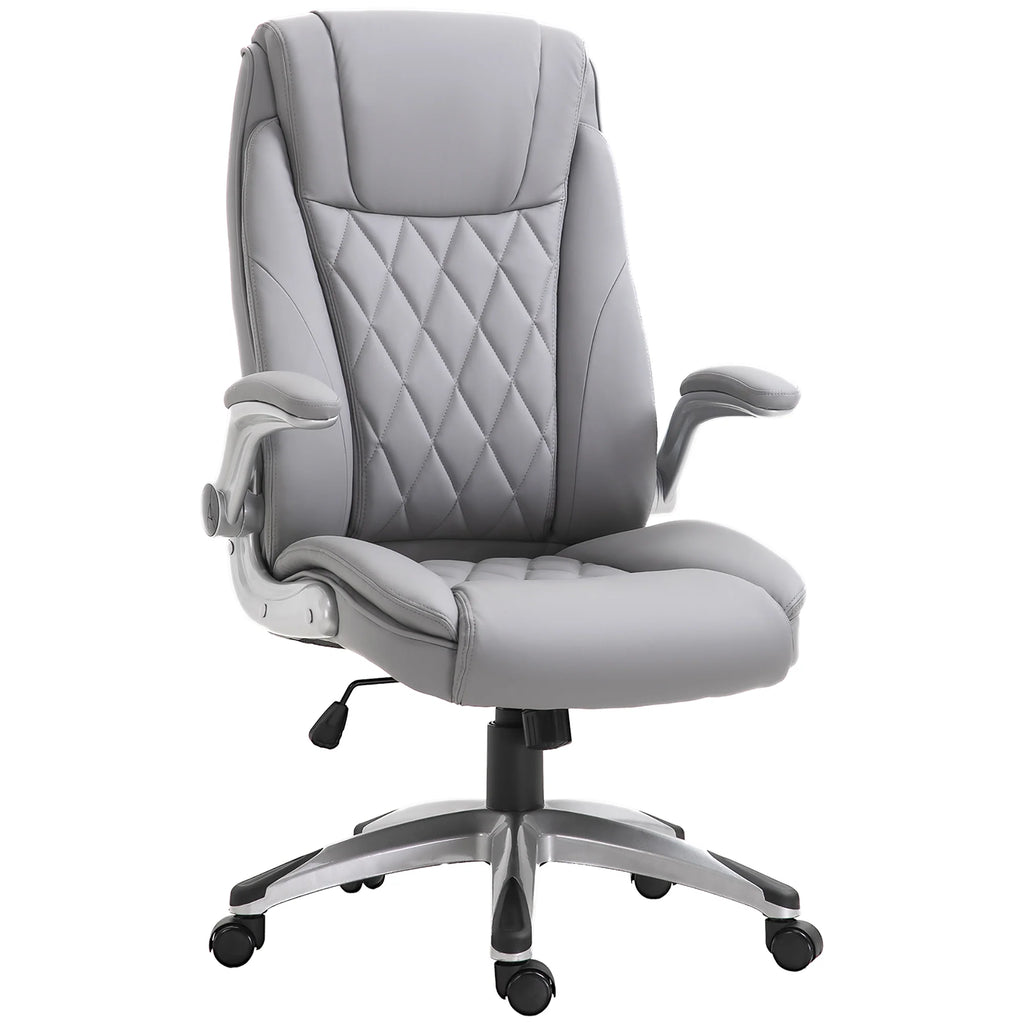 2025 Silla de Oficina de Cuero PU con Reposabrazos Abatibles, Altura Ajustable y Ruedas Giratorias, Gris