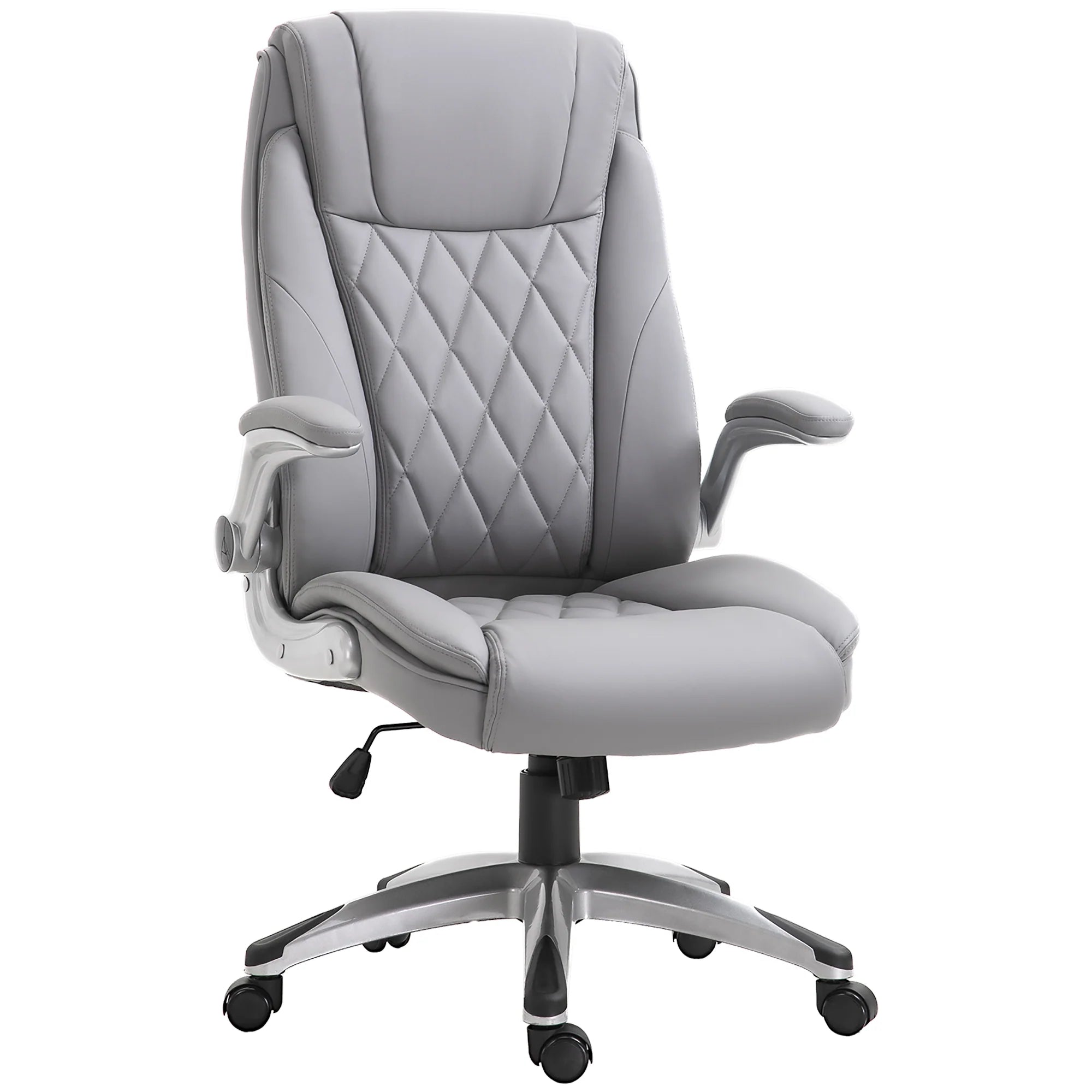 2025 Silla de Oficina de Cuero PU con Reposabrazos Abatibles, Altura Ajustable y Ruedas Giratorias, Gris