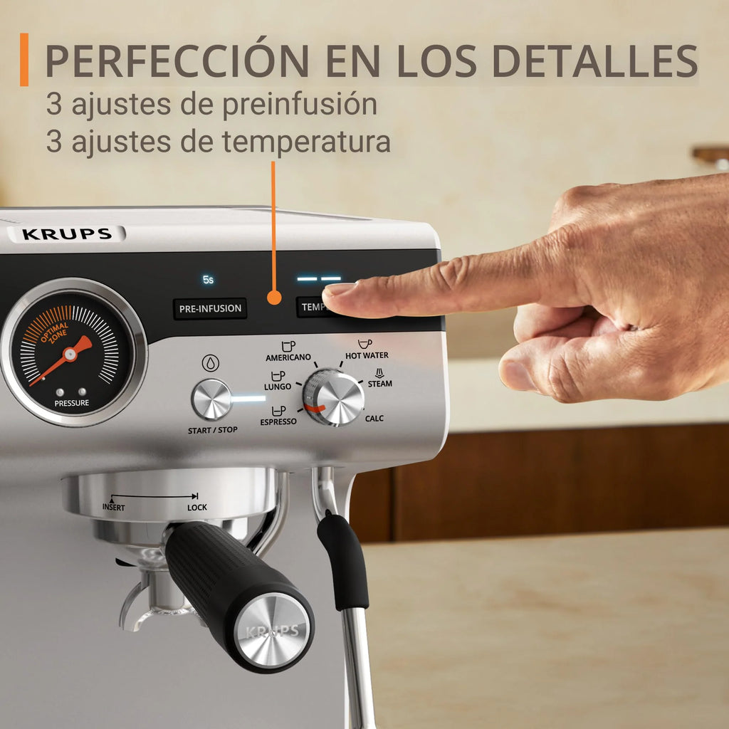 Krups Virtuoso Essential - Cafetera espresso 15 bar, acero inox negro, diseño compacto y elegante, parada automática, espresso y cappuccino, Thermoblock, boquilla de vapor, incluye cuchara, XP4418