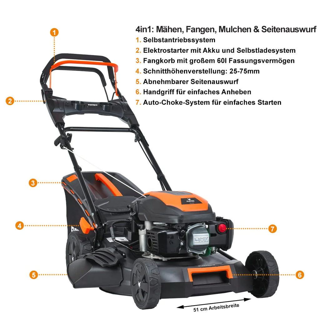 2025 Cortacésped de gasolina 4 en 1 FUXTEC FX-RM5196eS con motor ZIPGO, cortacésped de jardín con función de descarga lateral, ancho de corte 51 cm, motor de 4 tiempos con tracción trasera, ruedas grandes con rodamientos, bolsa de césped 60 L