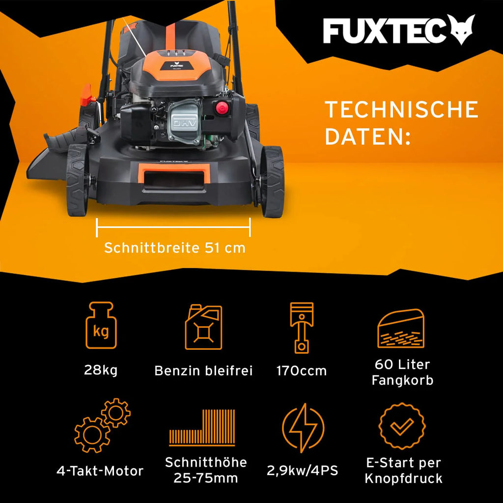 2025 Cortacésped de gasolina 4 en 1 FUXTEC FX-RM5196eS con motor ZIPGO, cortacésped de jardín con función de descarga lateral, ancho de corte 51 cm, motor de 4 tiempos con tracción trasera, ruedas grandes con rodamientos, bolsa de césped 60 L