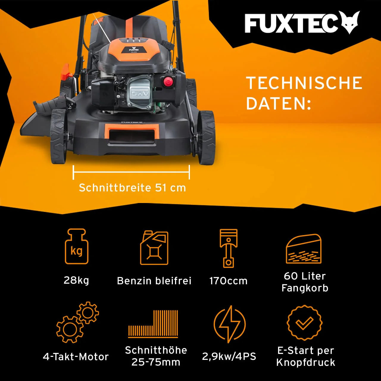 2025 Cortacésped de gasolina 4 en 1 FUXTEC FX-RM5196eS con motor ZIPGO, cortacésped de jardín con función de descarga lateral, ancho de corte 51 cm, motor de 4 tiempos con tracción trasera, ruedas grandes con rodamientos, bolsa de césped 60 L