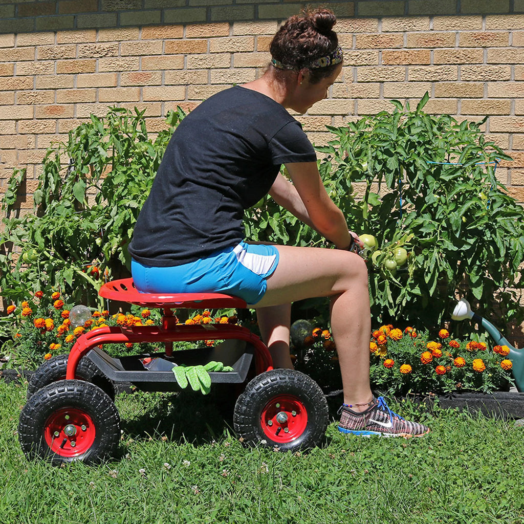 2025 Carrito de Jardín Rodante Sunnydaze con Asiento Giratorio de 360 Grados y Bandeja para Herramientas
