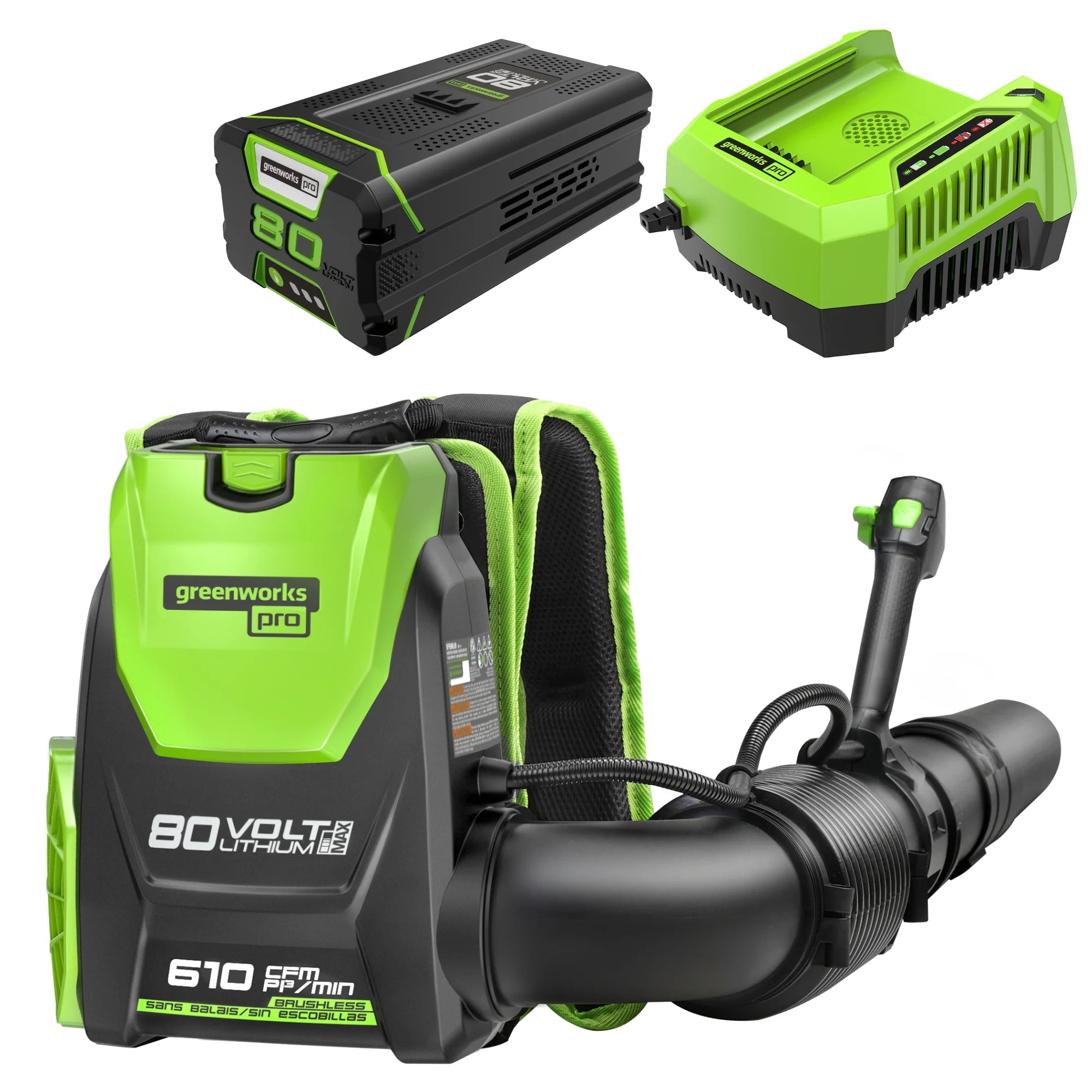 2025 Soplador de mochila inalámbrico 80V 610 CFM con boquilla única, batería de 4.0Ah y cargador