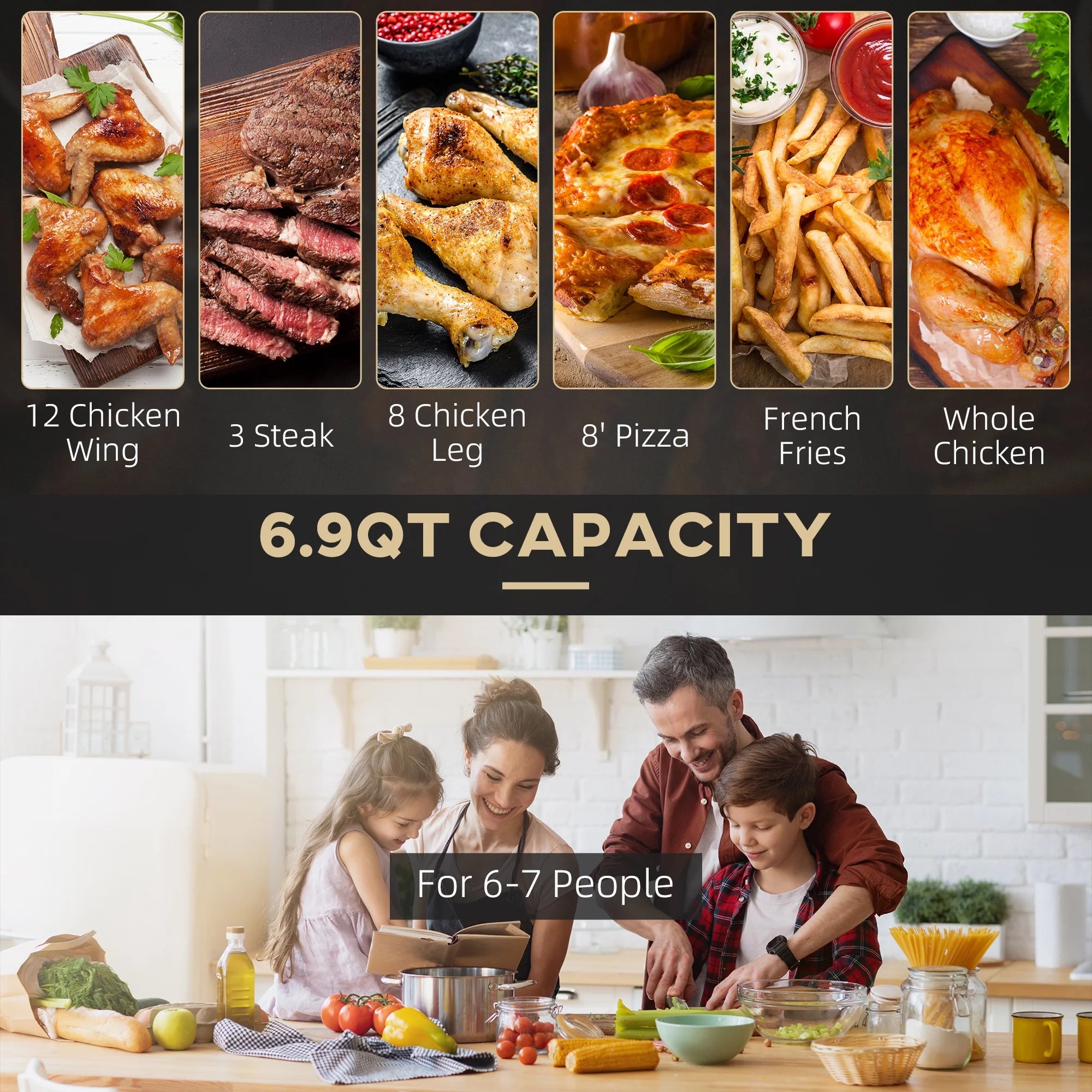2025 Freidora de aire caliente, 1700 W, 6,9 litros, horno de convección con circulación de aire 360°, temperatura regulable, temporizador y cesta antiadherente para cocinar sin grasa o bajo en grasa.