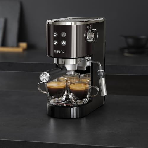 Krups Virtuoso Essential - Cafetera espresso 15 bar, acero inox negro, diseño compacto y elegante, parada automática, espresso y cappuccino, Thermoblock, boquilla de vapor, incluye cuchara, XP4418