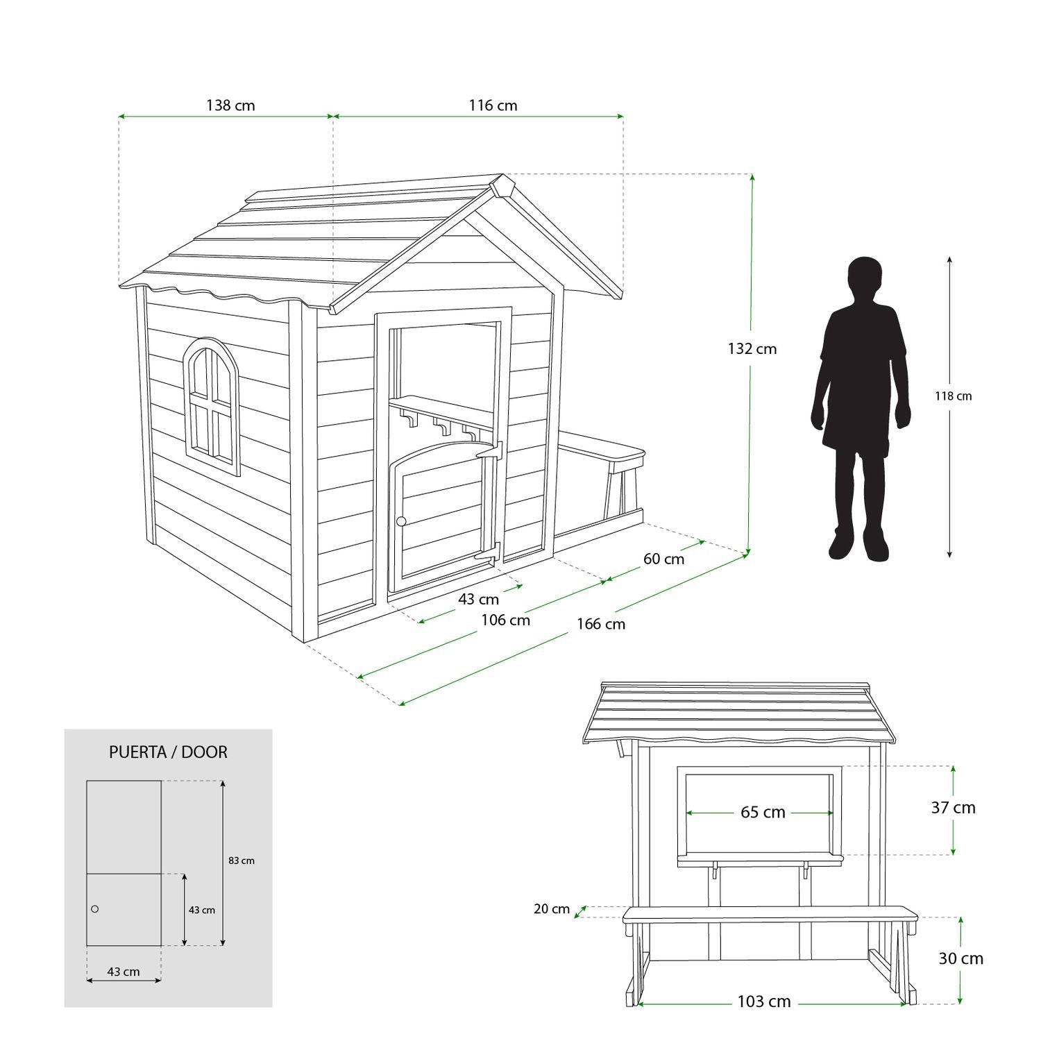 Casita Infantil De Madera Robincool 1,2 M² De 116x138x132 Cm Diseño Abierto Con Ventanas Y Banco Exterior