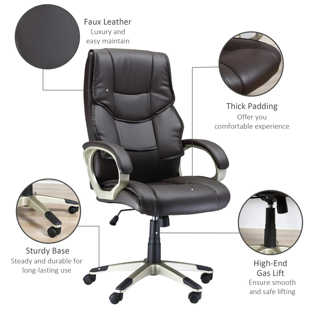 Silla de Oficina con Respaldo Alto, Sillón Giratorio de Cuero Sintético con Altura Ajustable, Marrón