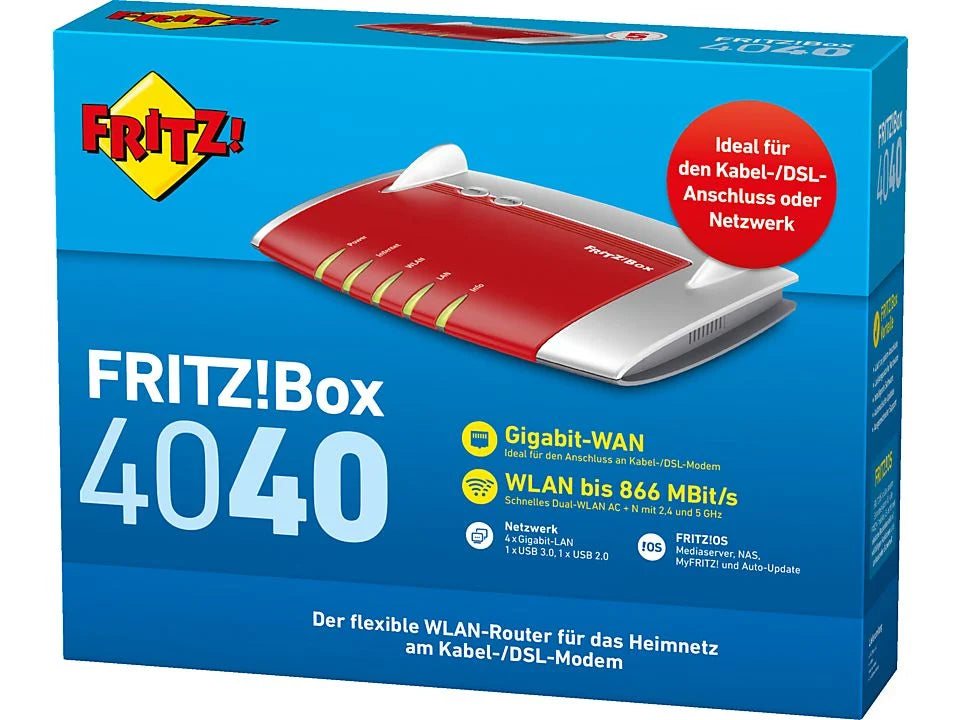 2025 FRITZ!Box 4040 Router WiFi AC+N Dual Band | Compatible con módem DSL, cable y fibra | 4 Puertos LAN Gigabit, USB 3.0, Red de Invitados, NAS y Control Parental