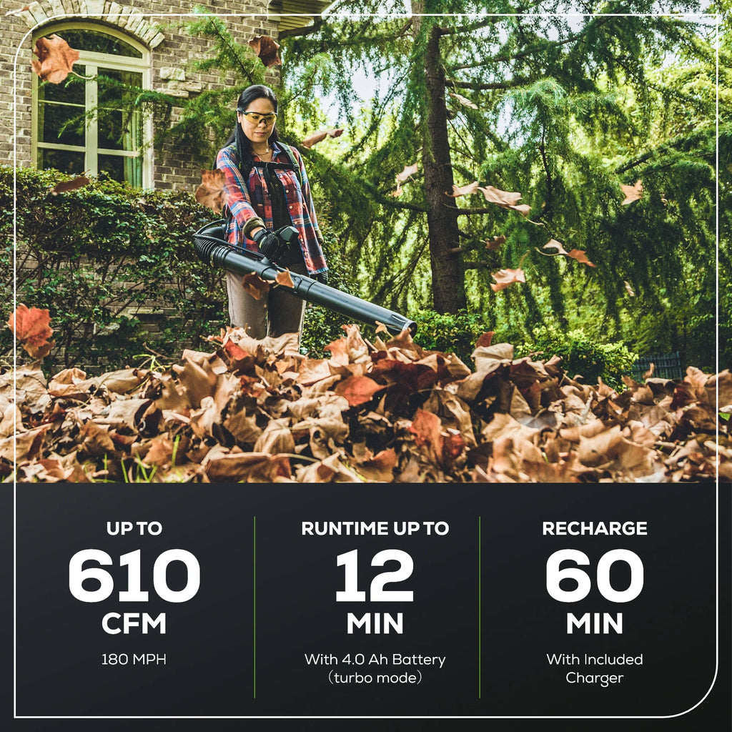 2025 Soplador de mochila inalámbrico 80V 610 CFM con boquilla única, batería de 4.0Ah y cargador