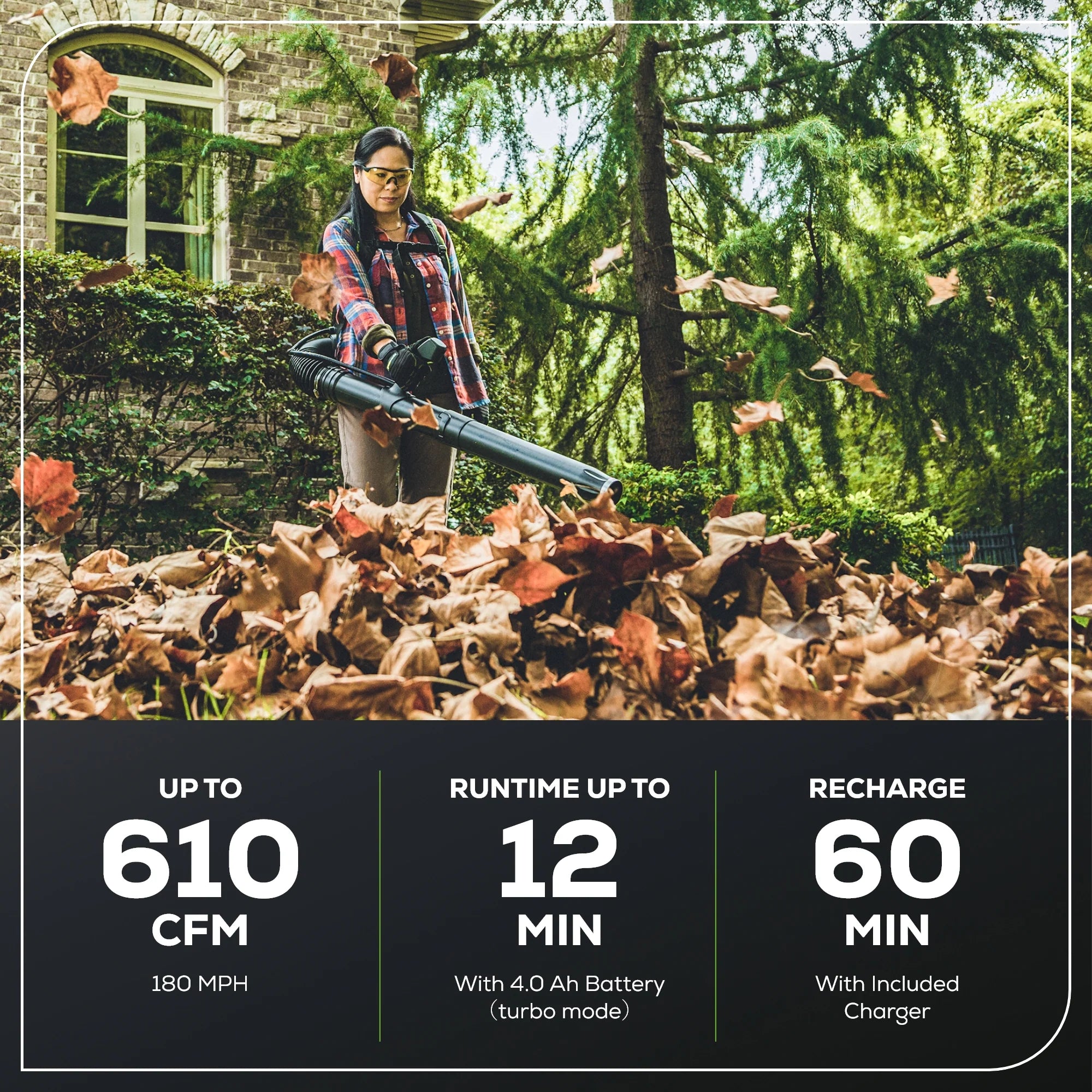 2025 Soplador de mochila inalámbrico 80V 610 CFM con boquilla única, batería de 4.0Ah y cargador