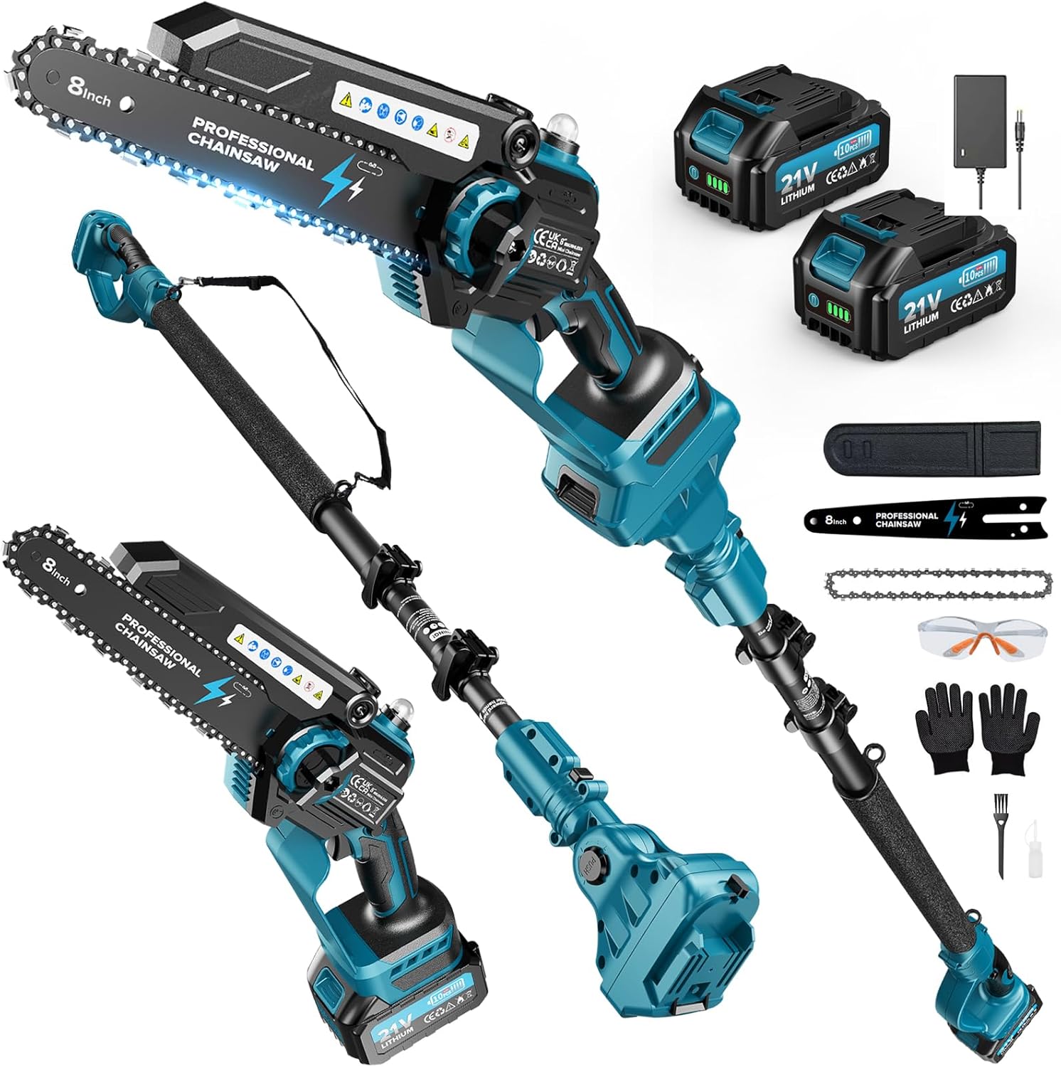 2-en-1 8 Pulgadas Mini Motosierra y Motosierra de Pértiga Inalámbrica con 2 Baterías de 4000mAh, Motosierra sin Escobillas con Telescópicas para Exterior, Extensible hasta 4M