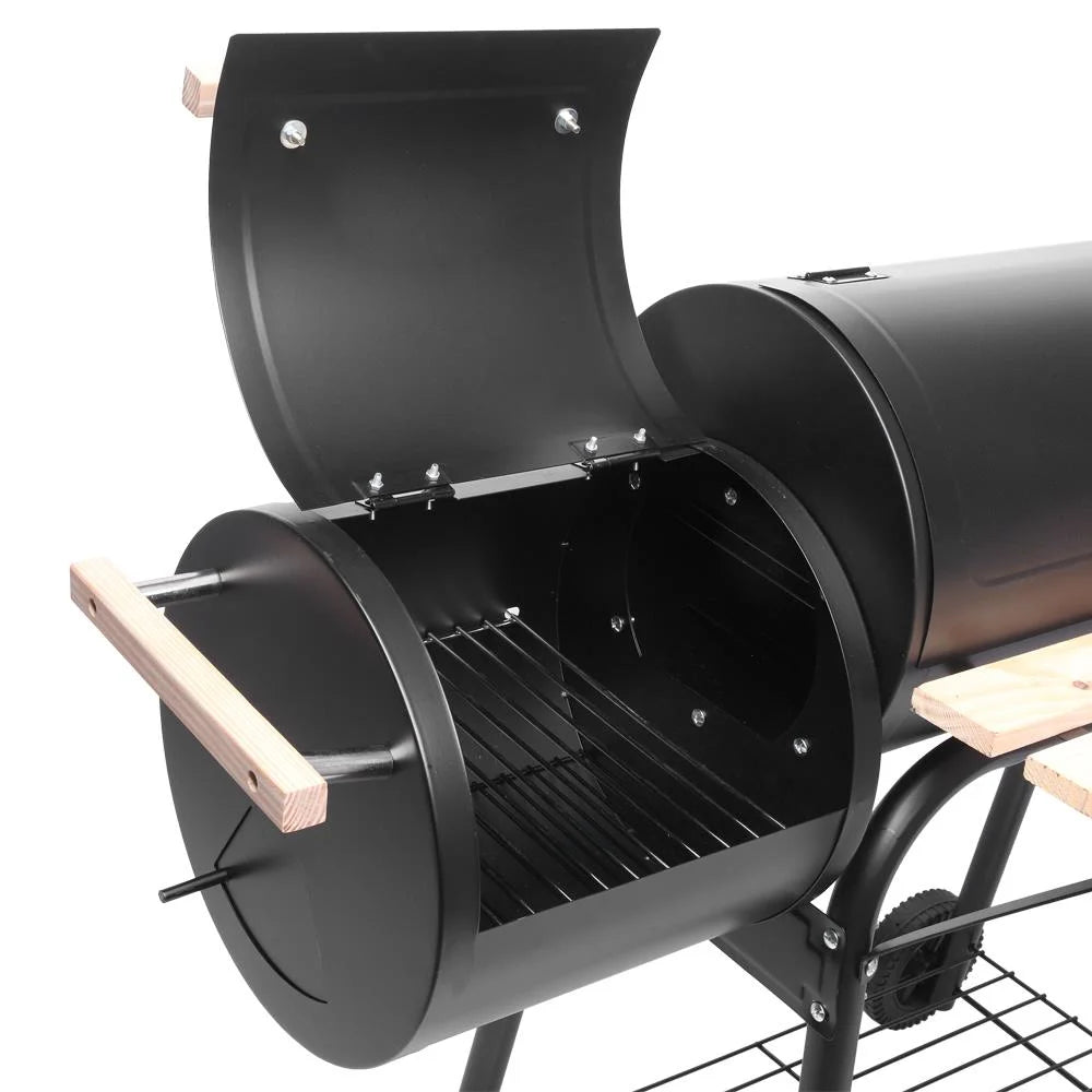 Parrilla portátil de carbón UBesGoo con ahumador lateral de acero para camping, negra.