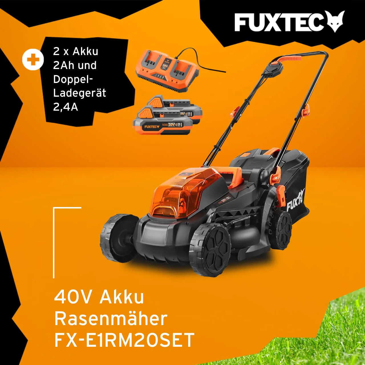 2025 Cortacésped inalámbrico FUXTEC 40V (2x20V) E1RM20 con 2 baterías Li-Ion 20V 2Ah y cargador doble – Ancho de corte 33 cm, altura de corte variable