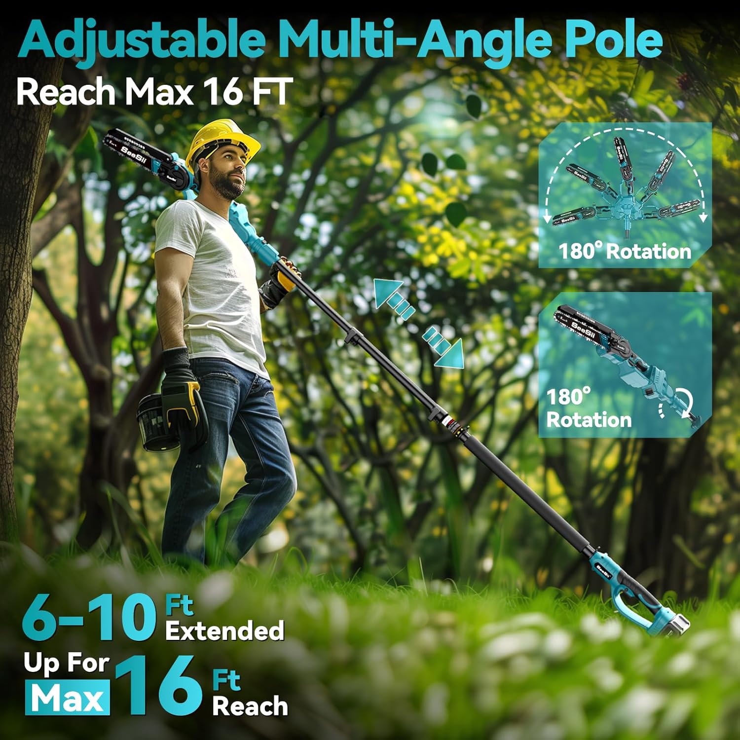 SEESII 2-in-1 Cordless Chain Saw and Mini Chainsaw with 2 4000mAh Batteries, 8 Inch Brushless Chainsaw with Telescopic Pole, Extendable up to 15 Feet for Tree Pruning