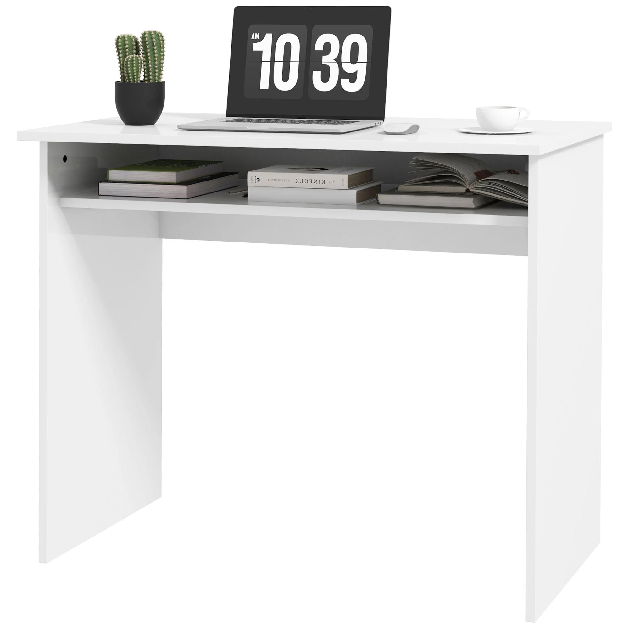 Escritorio de Ordenador Moderno, Escritorio Pequeño con Estante de Almacenamiento, 90 x 50 cm, Blanco Brillante