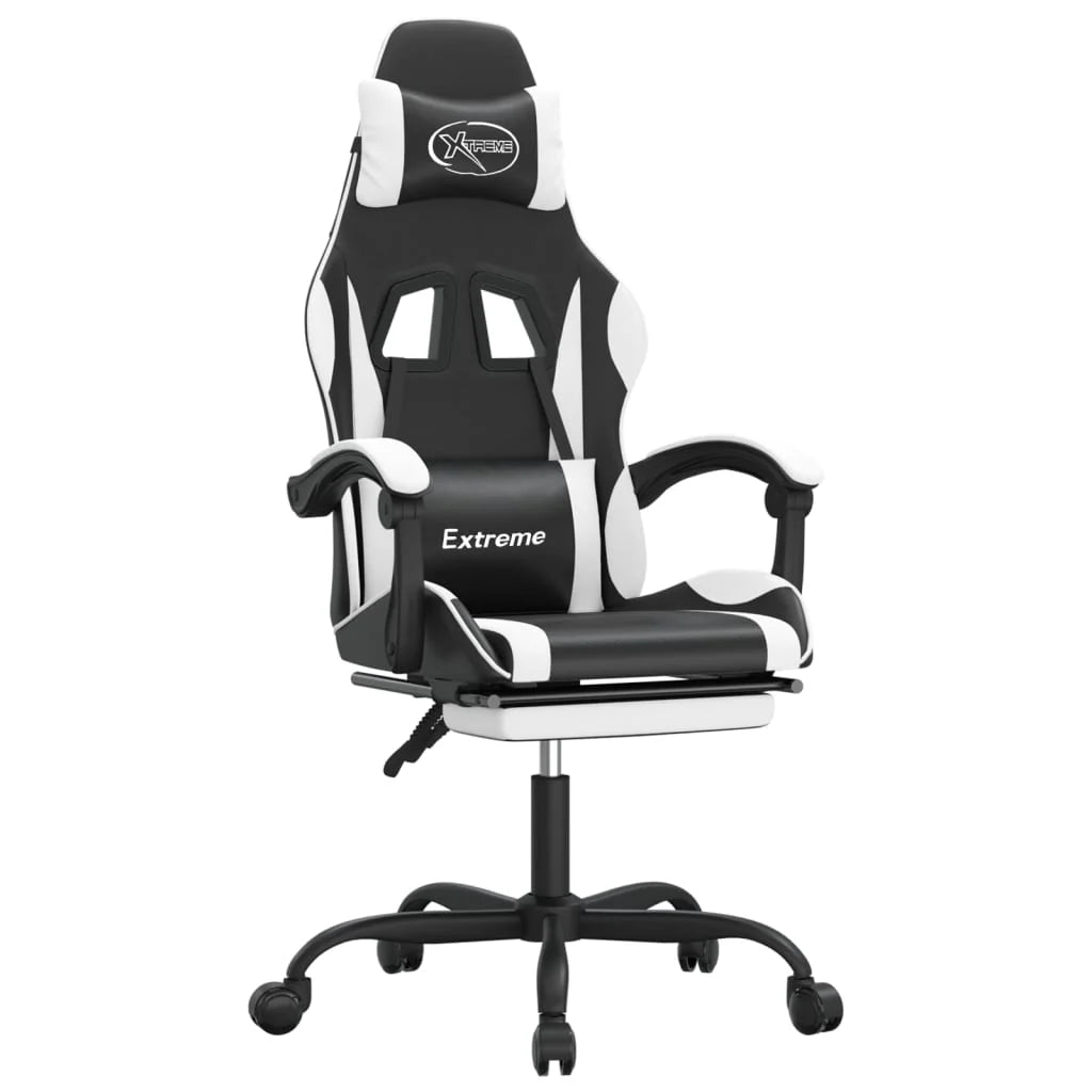 2025 Silla gaming giratoria reposapiés cuero sintético negro blanco V8635