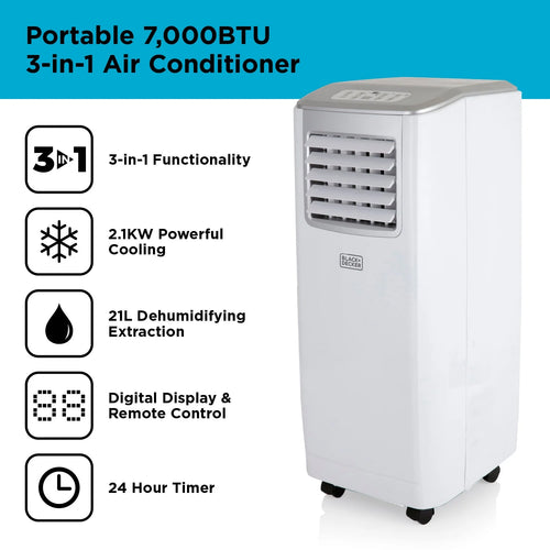 2025 Aire Acondicionado Móvil 3 en 1 Black+Decker BXAC40005GB 7000 BTU Blanco