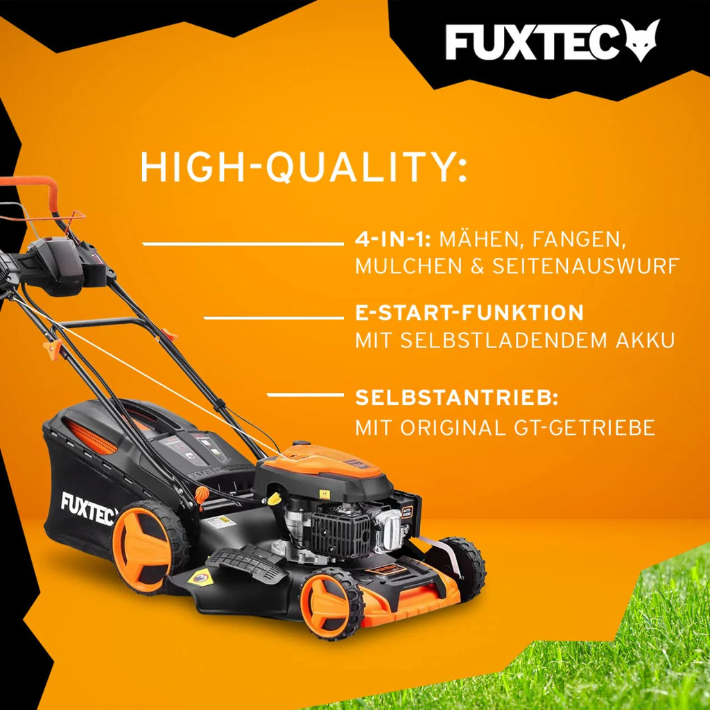 2025 Cortacésped de gasolina 4 en 1 FUXTEC FX-RM5196eS con motor ZIPGO, cortacésped de jardín con función de descarga lateral, ancho de corte 51 cm, motor de 4 tiempos con tracción trasera, ruedas grandes con rodamientos, bolsa de césped 60 L