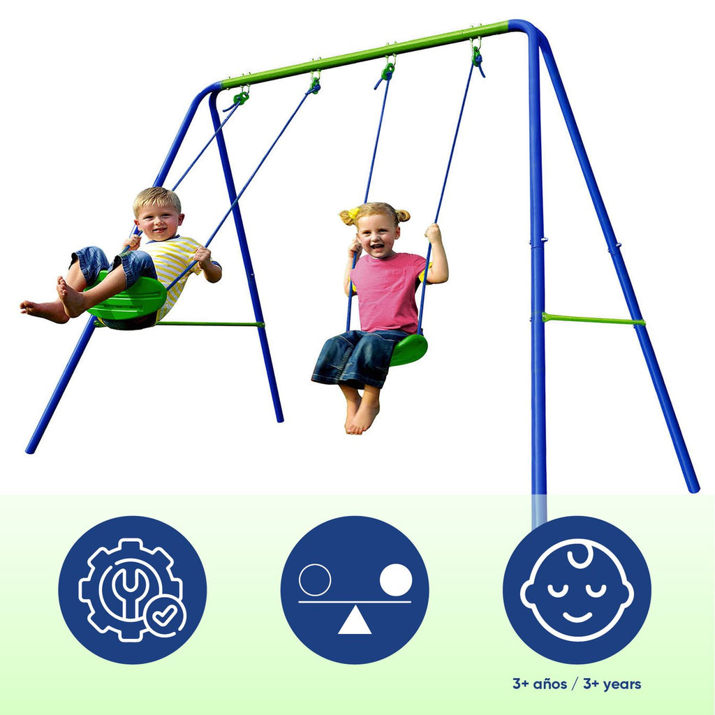 Columpio Doble Infantil Para Jardín + 3 Años Juego Para Niños De Metal Outdoor Toys 220x138x182 Cm Carga Hasta 45 Kg