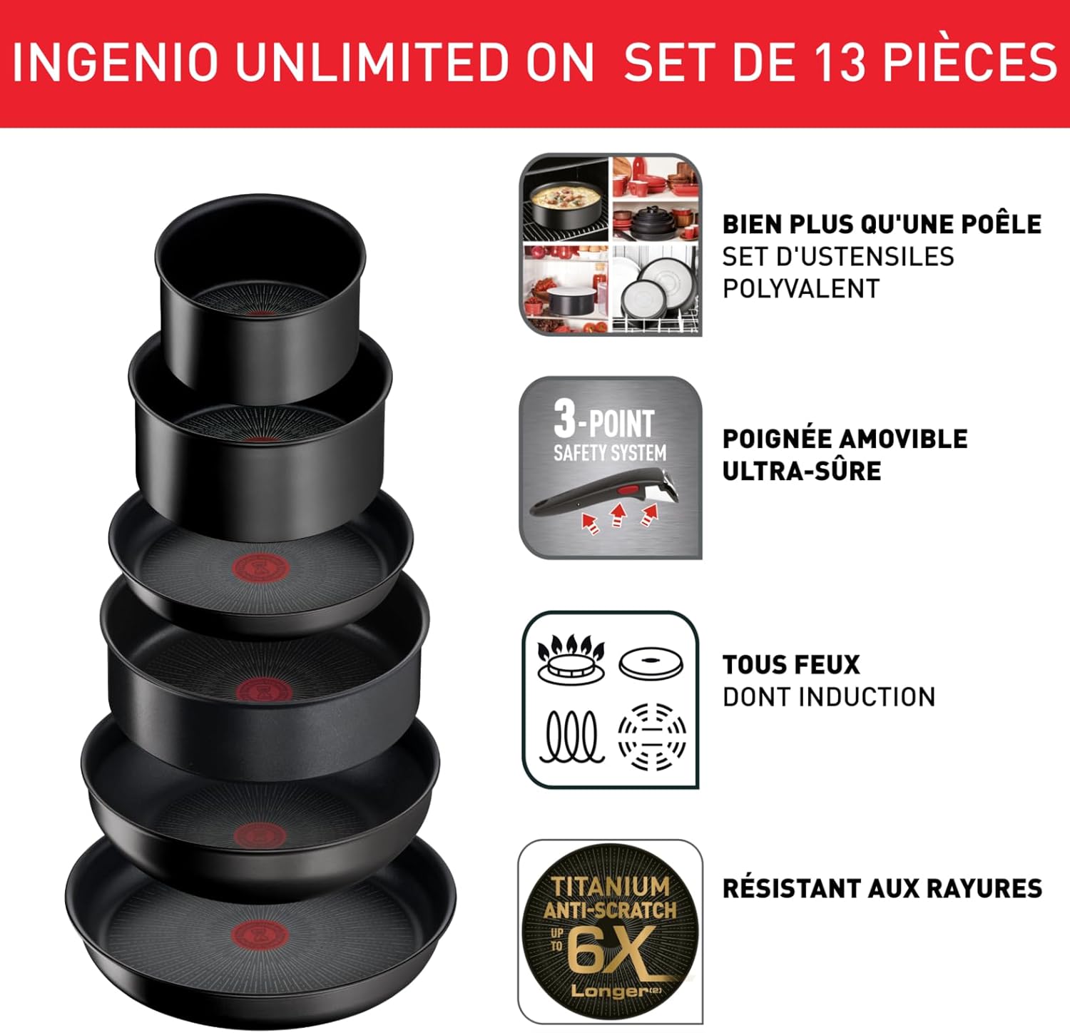 Tefal Ingenio Unlimited On - Juego de 3 Cazos 16/18/20 cm + Mango extraíble | Apto inducción, antiadherentes, revestimiento titanio, Thermo-signal, sin PFOA, apto lavavajillas y horno