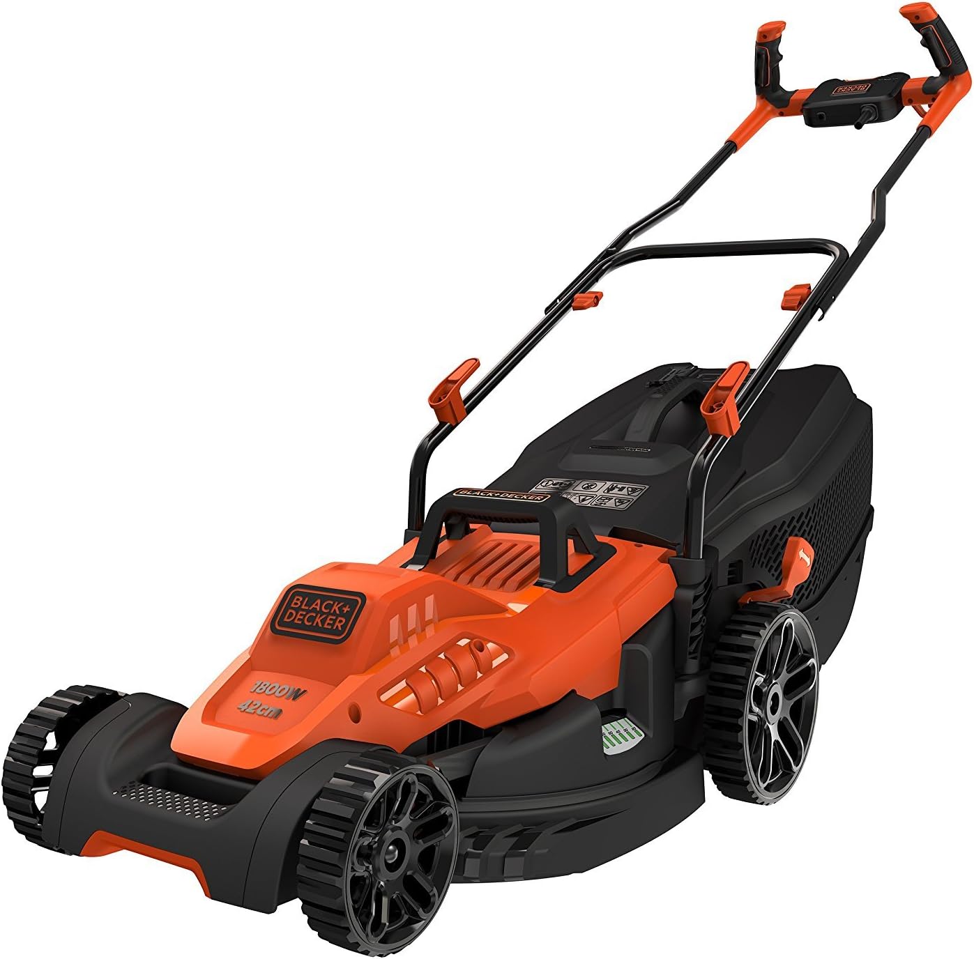 BLACK+DECKER Cortacésped con Manillar de Tipo Bicicleta 1600W, Ancho de Corte 38cm, Sistema E-Drive, EdgeMax y SoftTouch, 6 Alturas de Corte, Depósito 45L, BEMW471BH