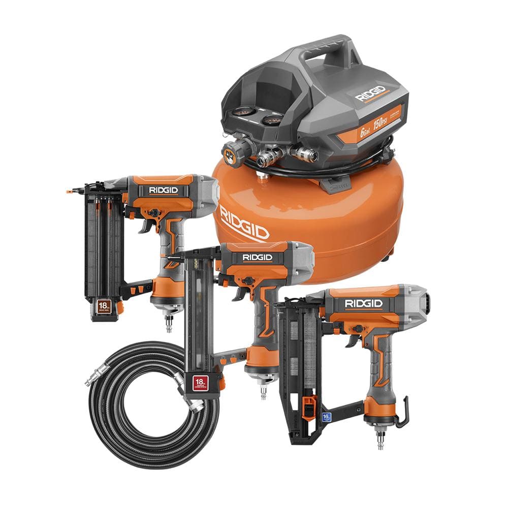 2025 Compresor de Aire Eléctrico Portátil de 6 Gal. con Pistola de Clavos Brad de 18GA, Pistola de Clavos Finish Recta de 16GA y Grapadora Finish de 18GA R69603FK