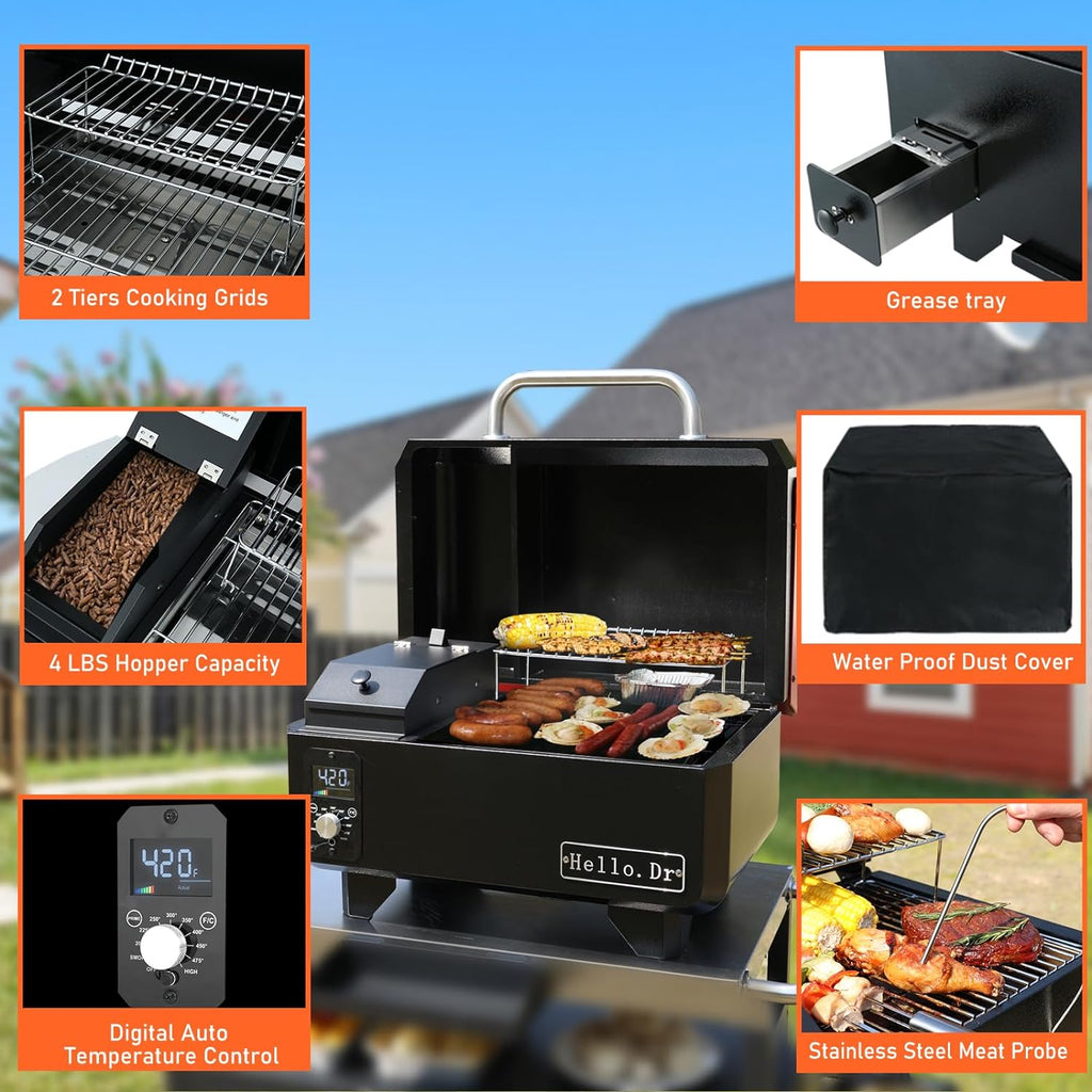 2025 Parrilla y Ahumador Portátil de Pellets de Madera Eléctrica 8 en 1 para Camping, RV, BBQ y Cocinar en el Patio - Control Inteligente de Temperatura y Tecnología de Vapor Súper Caliente