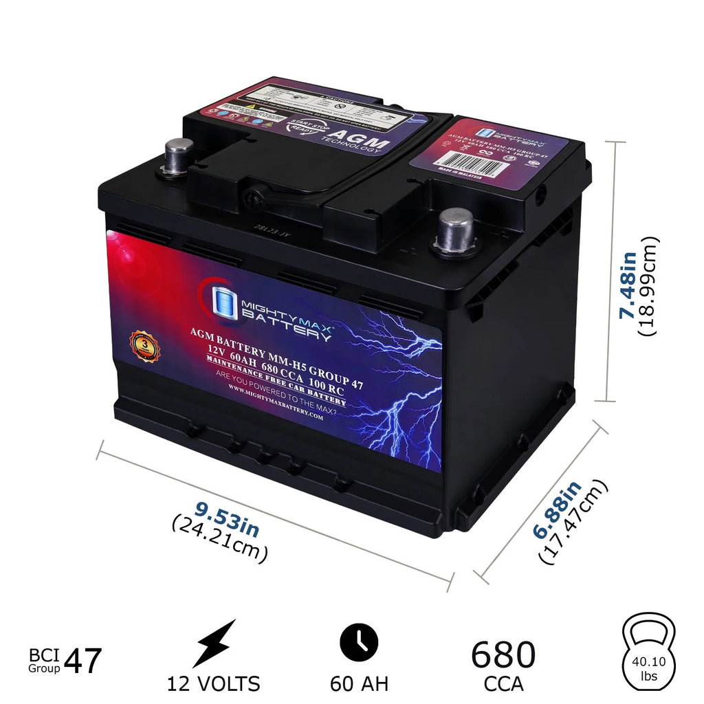 Batería de reemplazo MM-H5 Grupo 47 12V 60AH 100RC 680CCA compatible con baterías de automóviles.