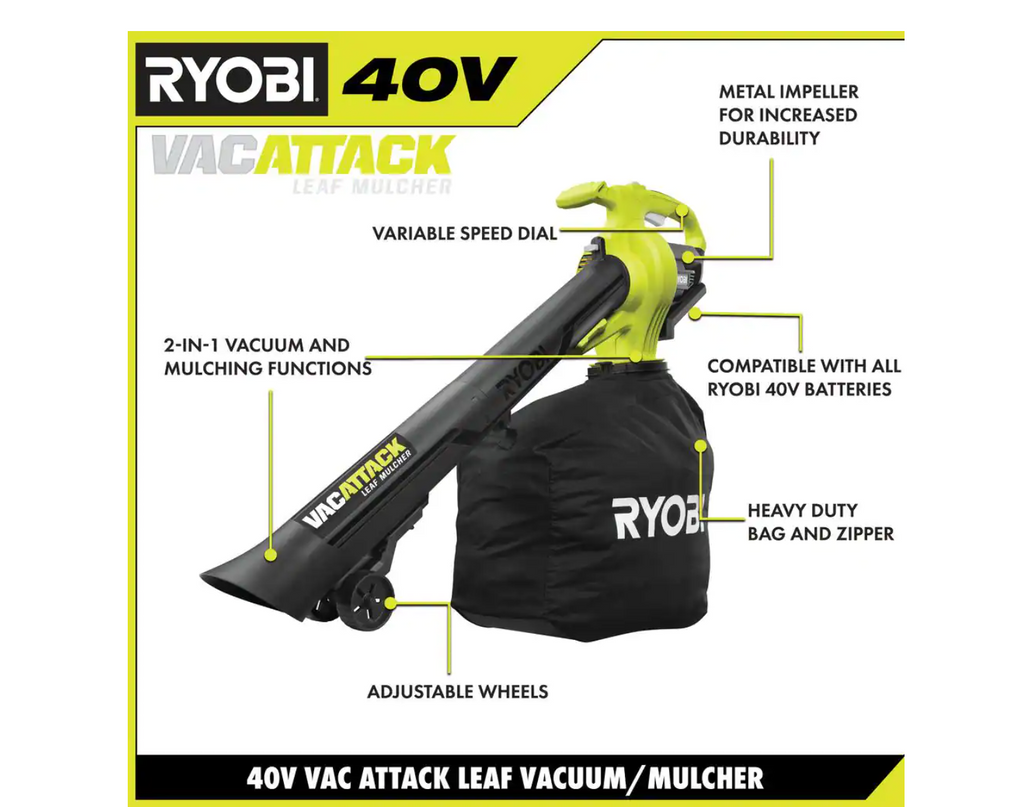 2025 Aspiradora y Soplador de Hojas Inalámbrico RYOBI RY40451BL 40V 110 MPH 525 CFM con 2 Baterías y 2 Cargadores