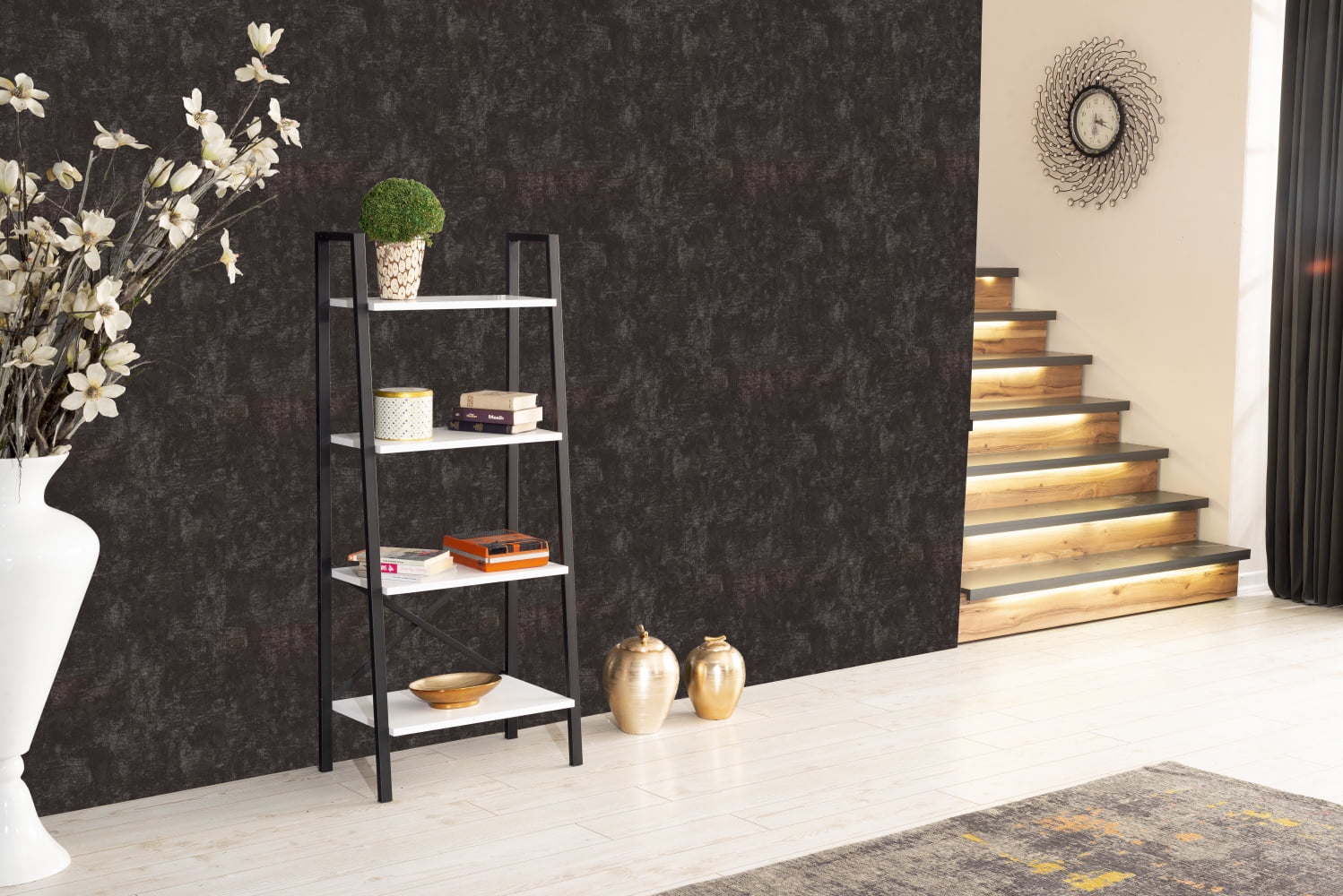 2025 Estantería moderna en forma de escalera GeeHome Leon de 5 niveles con compartimentos de almacenamiento, estructura metálica, estantería para espacios pequeños, salón, oficina o biblioteca, color blanco