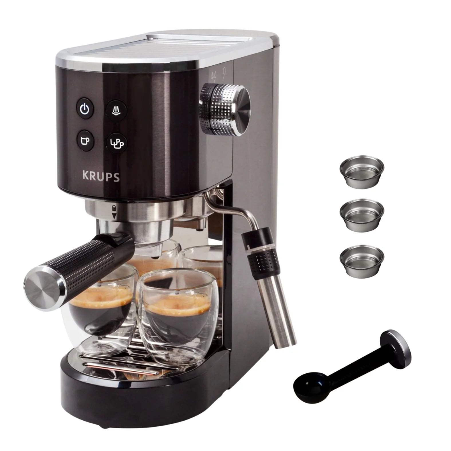 Krups Virtuoso Essential - Cafetera espresso 15 bar, acero inox negro, diseño compacto y elegante, parada automática, espresso y cappuccino, Thermoblock, boquilla de vapor, incluye cuchara, XP4418