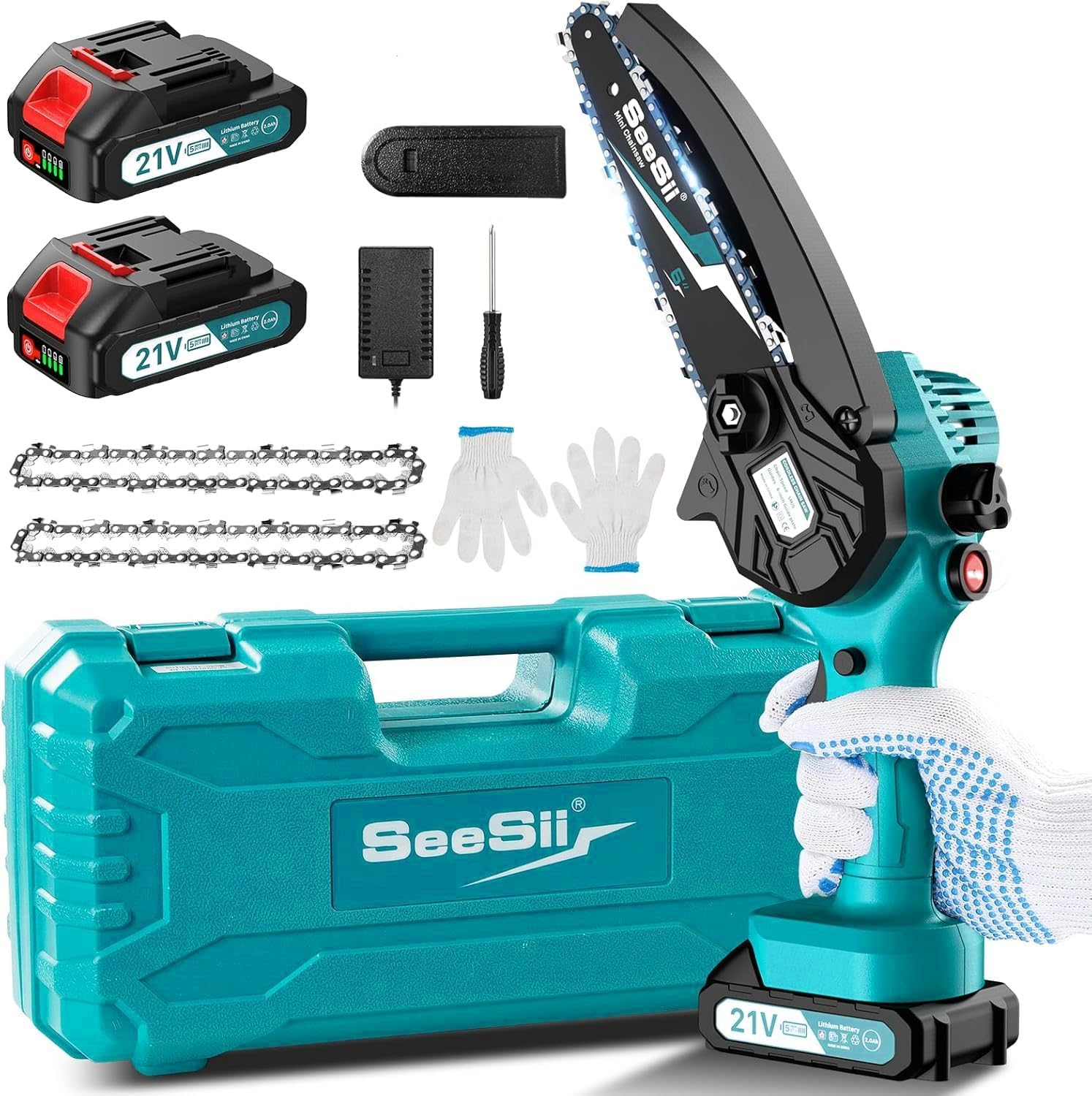 SEESII 2-in-1 Cordless Chain Saw and Mini Chainsaw with 2 4000mAh Batteries, 8 Inch Brushless Chainsaw with Telescopic Pole, Extendable up to 15 Feet for Tree Pruning