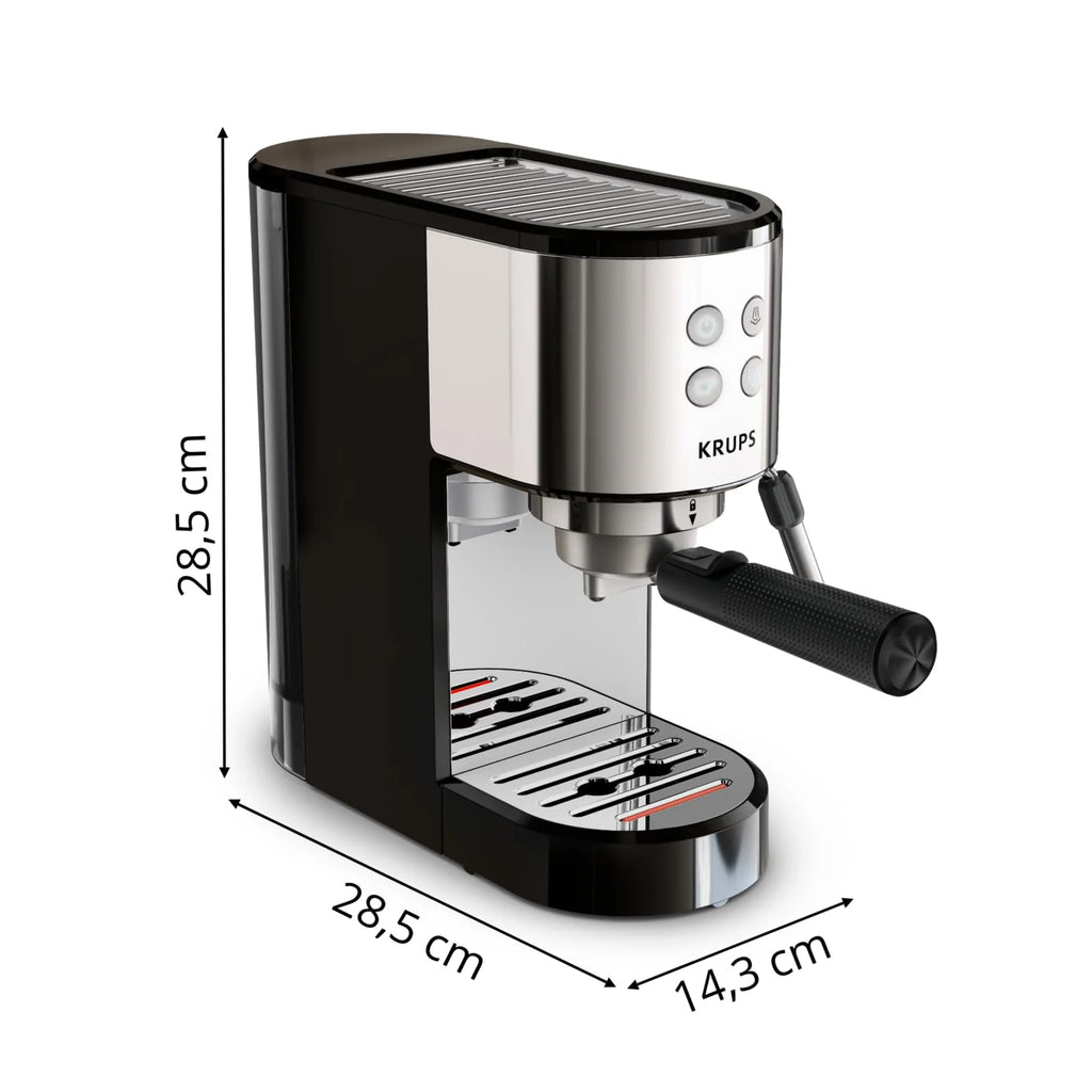 Krups Virtuoso Essential - Cafetera espresso 15 bar, acero inox negro, diseño compacto y elegante, parada automática, espresso y cappuccino, Thermoblock, boquilla de vapor, incluye cuchara, XP4418