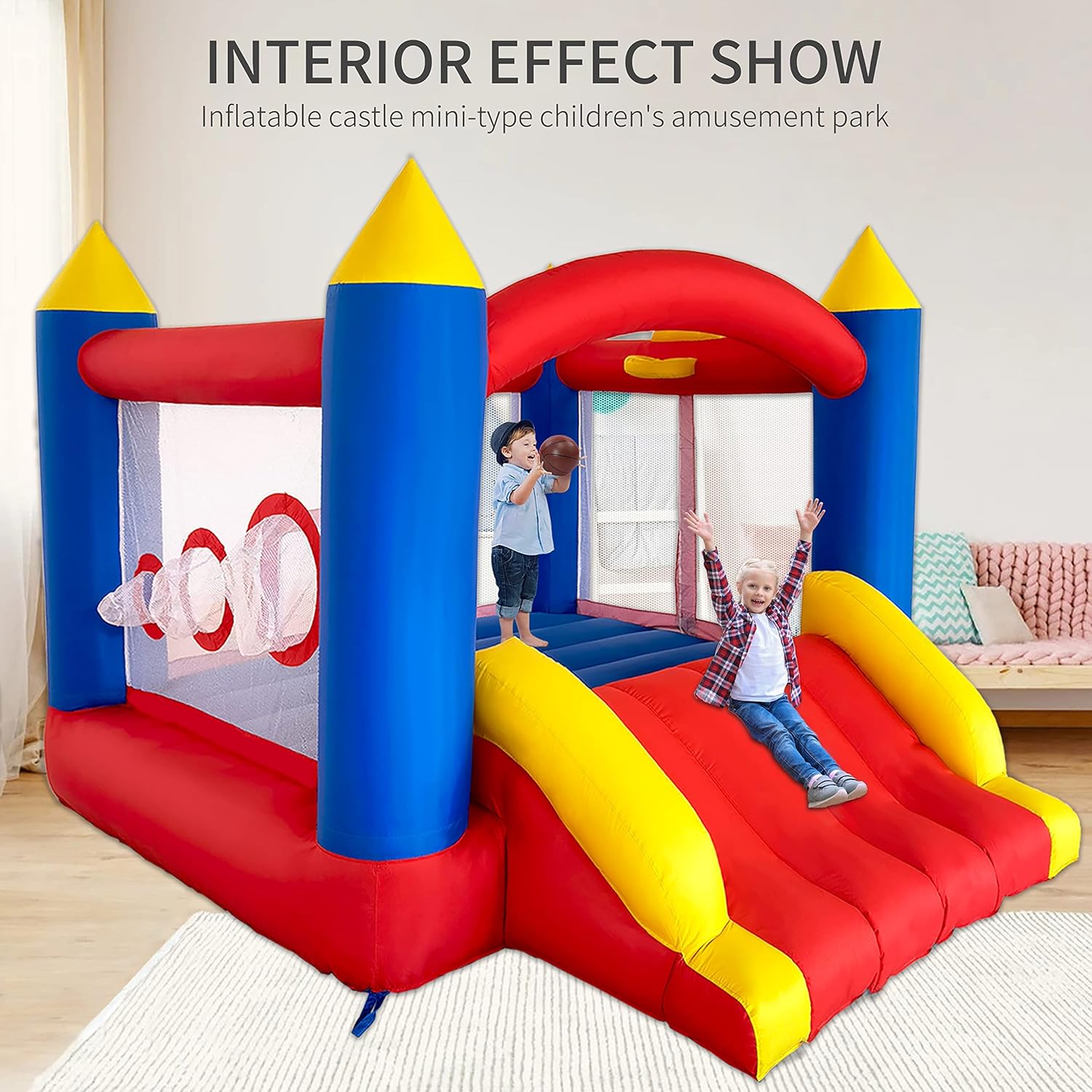 Ballsea Castillo Hinchable con Ventilador, Adecuado para niños de 3 a 10 años, para Interiores, cumpleaños Infantiles (488 x 223 x 220 cm)