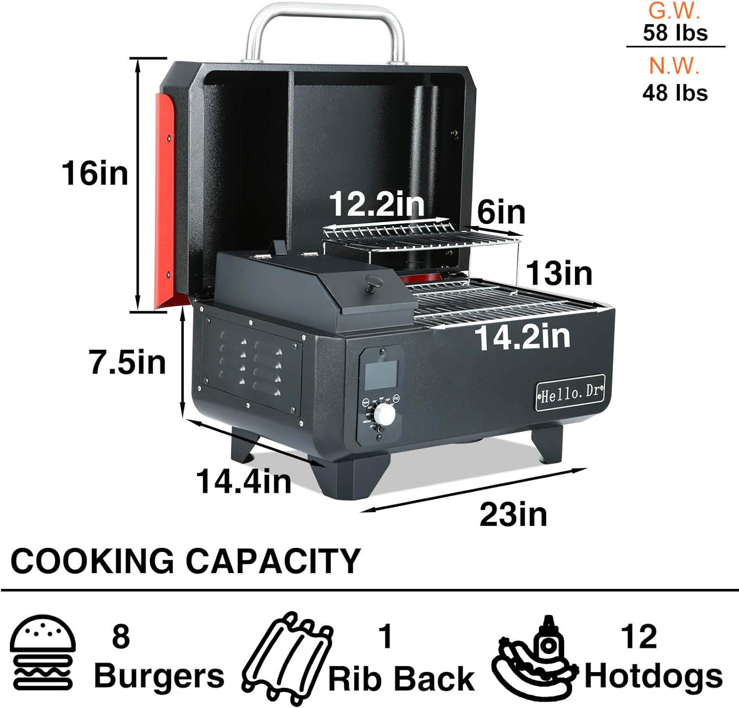 Parrilla y ahumador portátil de pellets de madera, parrilla eléctrica 8 en 1 para RV, picnics y cocina al aire libre, con control de temperatura inteligente y tecnología de vapor sobrecalentado.