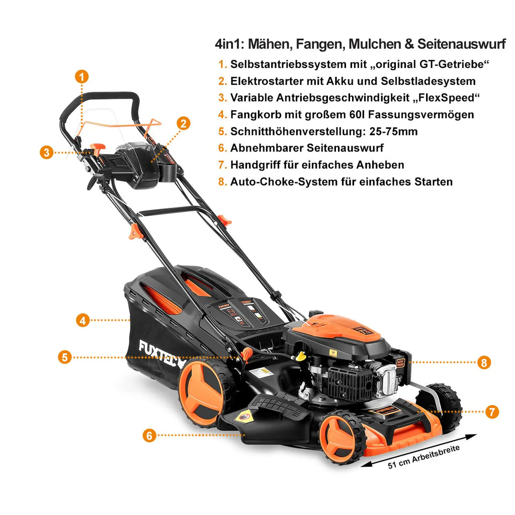 2025 Cortacésped de gasolina 4 en 1 FUXTEC FX-RM5196eS con motor ZIPGO, cortacésped de jardín con función de descarga lateral, ancho de corte 51 cm, motor de 4 tiempos con tracción trasera, ruedas grandes con rodamientos, bolsa de césped 60 L