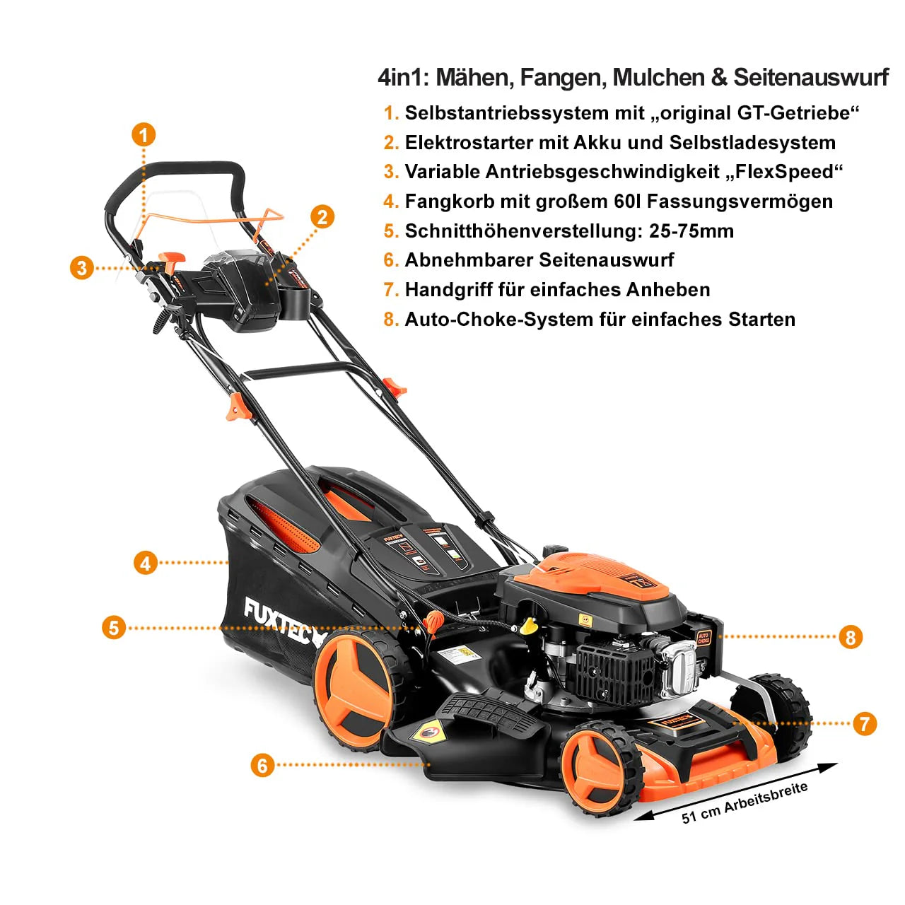 2025 Cortacésped de gasolina 4 en 1 FUXTEC FX-RM5196eS con motor ZIPGO, cortacésped de jardín con función de descarga lateral, ancho de corte 51 cm, motor de 4 tiempos con tracción trasera, ruedas grandes con rodamientos, bolsa de césped 60 L