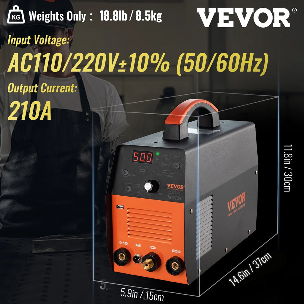 2025 Soldadora TIG VEVOR 210A 3-en-1, bi-tensión 110/220V, modos HF TIG / MMA / limpieza con USB, inversor IGBT y antorcha, máquina de arco digital para acero inoxidable, hierro, acero estructural, cobre y níquel
