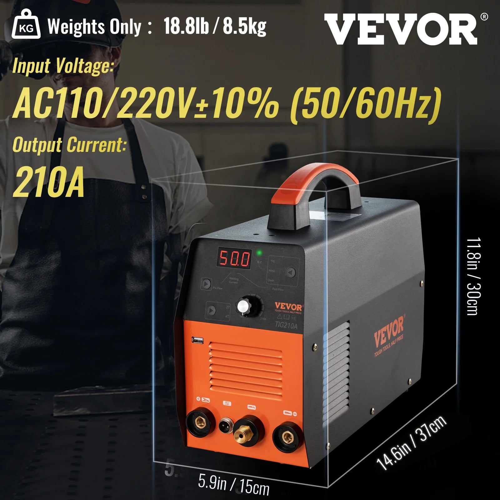 2025 Soldadora TIG VEVOR 210A 3-en-1, bi-tensión 110/220V, modos HF TIG / MMA / limpieza con USB, inversor IGBT y antorcha, máquina de arco digital para acero inoxidable, hierro, acero estructural, cobre y níquel