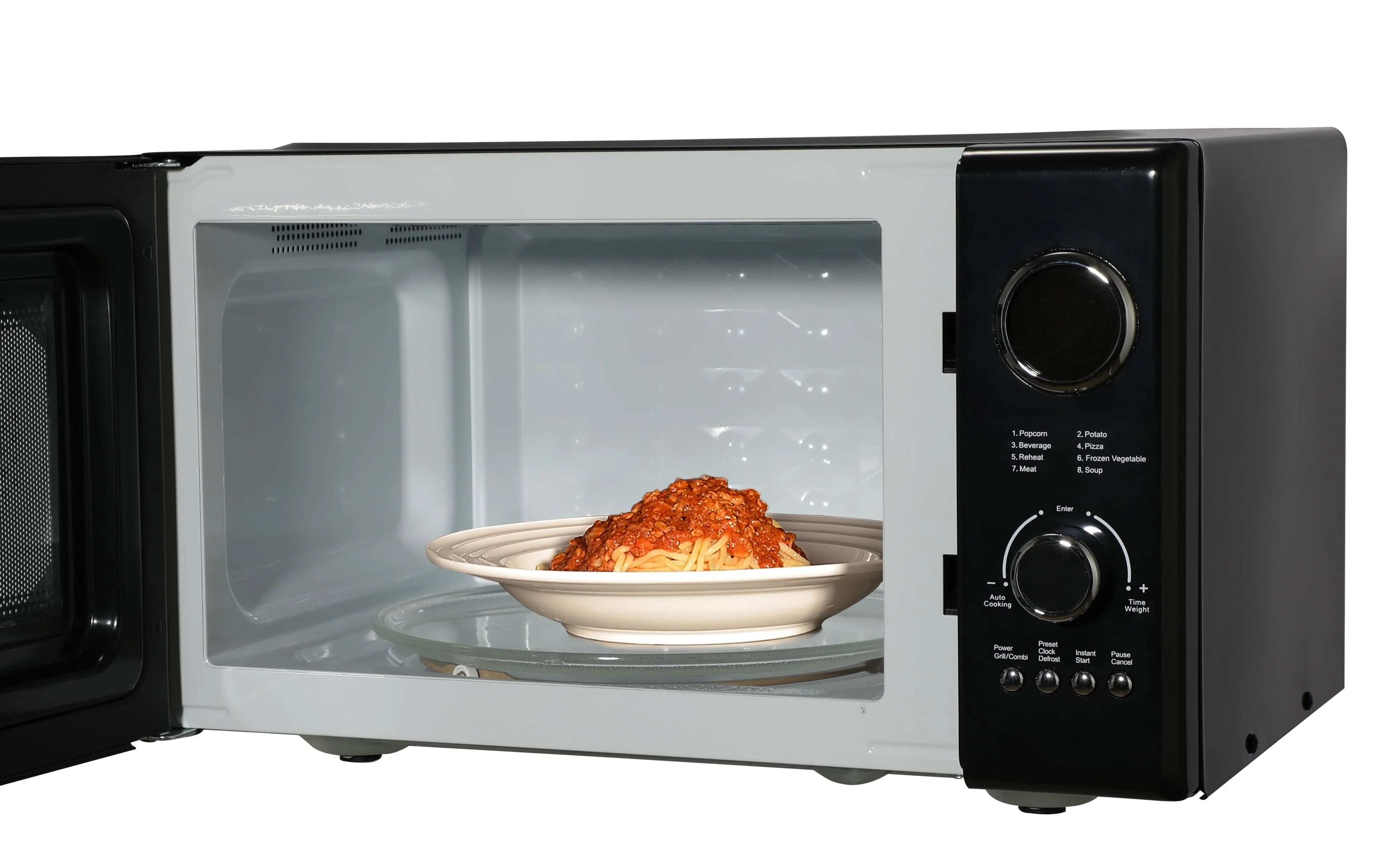 2025 Microondas retro negro Emerson 0,9 pies³ 800 W con función grill, modelo MWRG0901BK.