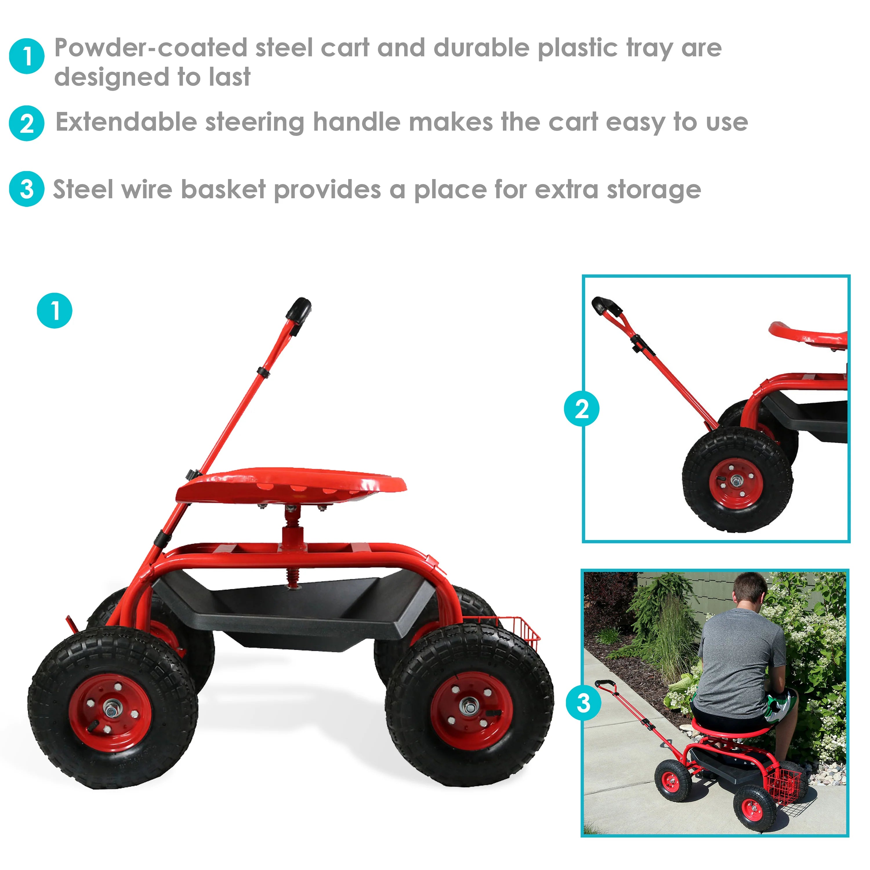 2025 Carrito de Jardín Rodante Sunnydaze con Asiento Giratorio y Manillar de Dirección