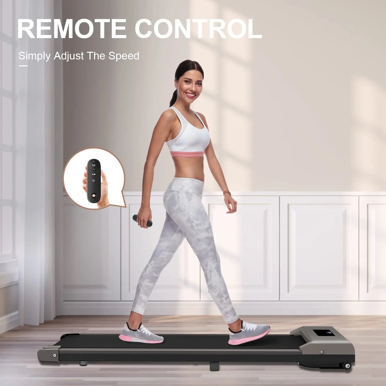 2025 Alfombrilla de caminata Bigzzia Walking Pad bajo el escritorio, caminadora con control remoto y pantalla LCD para teletrabajo, capacidad máxima de 120 kg, rosa
